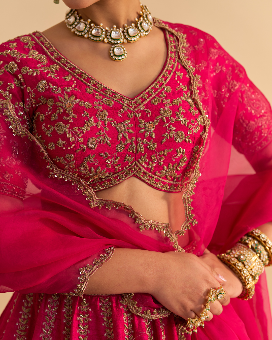 Sheetal Batra - Naazila - Dabka Zardozi Embroidered Raw Silk Hotpink Lehenga Set From Naazkat