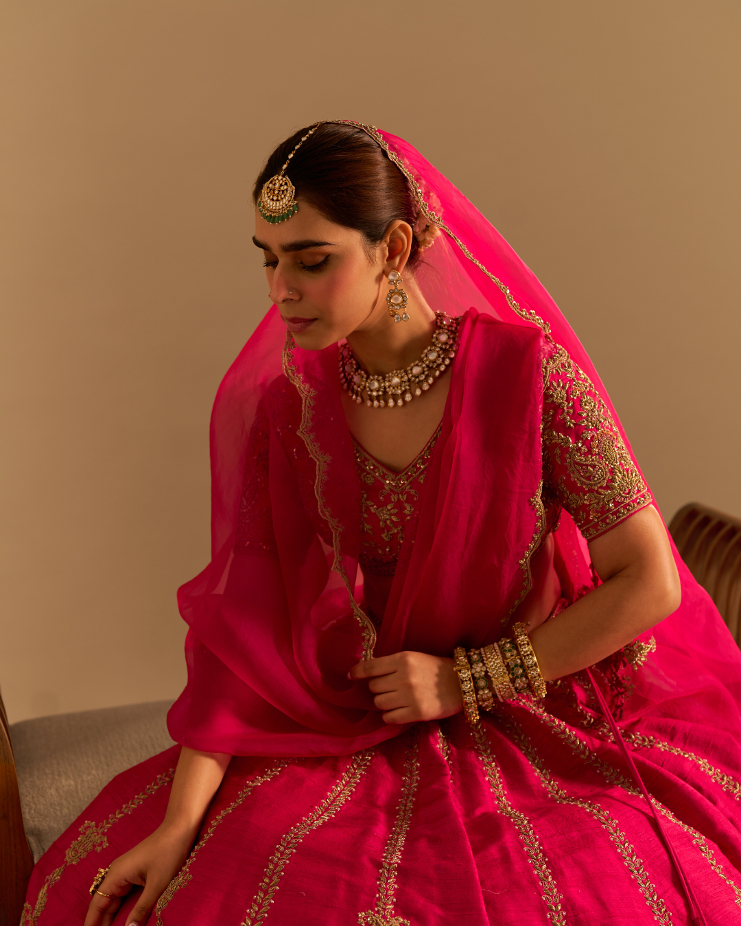 Sheetal Batra - Naazila - Dabka Zardozi Embroidered Raw Silk Hotpink Lehenga Set From Naazkat