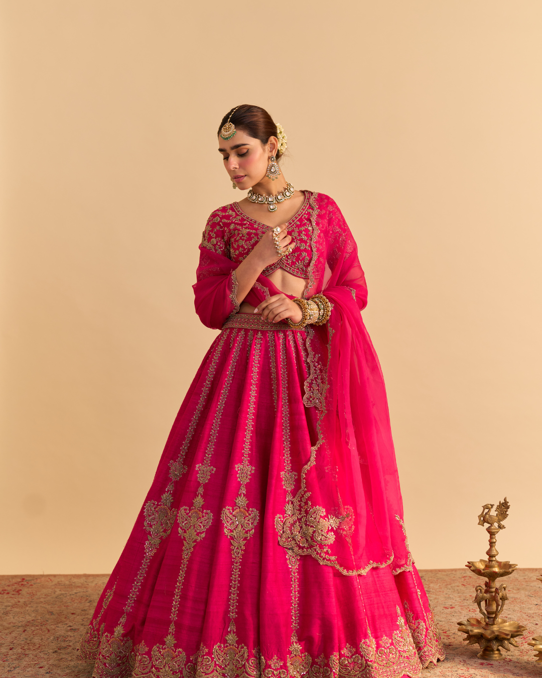 Sheetal Batra - Naazila - Dabka Zardozi Embroidered Raw Silk Hotpink Lehenga Set From Naazkat