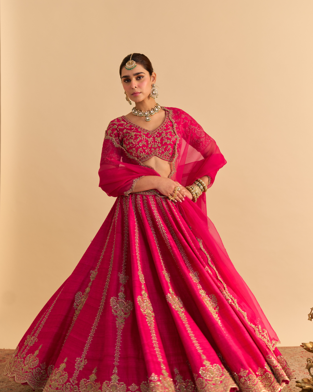 Sheetal Batra - Naazila - Dabka Zardozi Embroidered Raw Silk Hotpink Lehenga Set From Naazkat