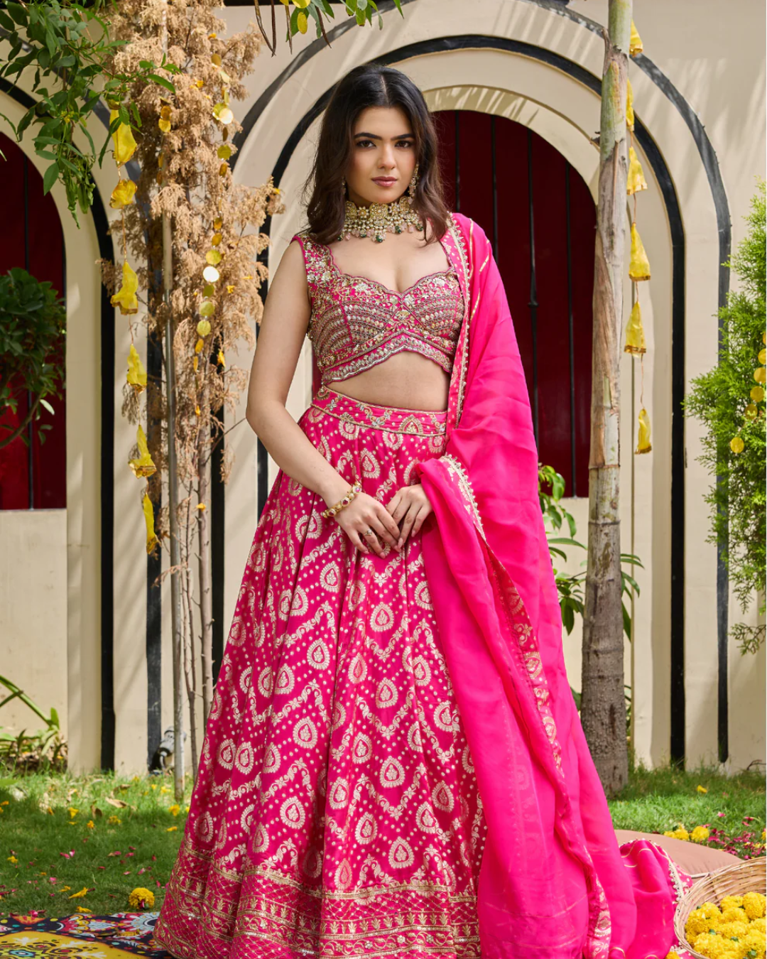 Deepika Chadha - Fuchsia Mirrored Blouse & Brocade Lehenga Set From Heer