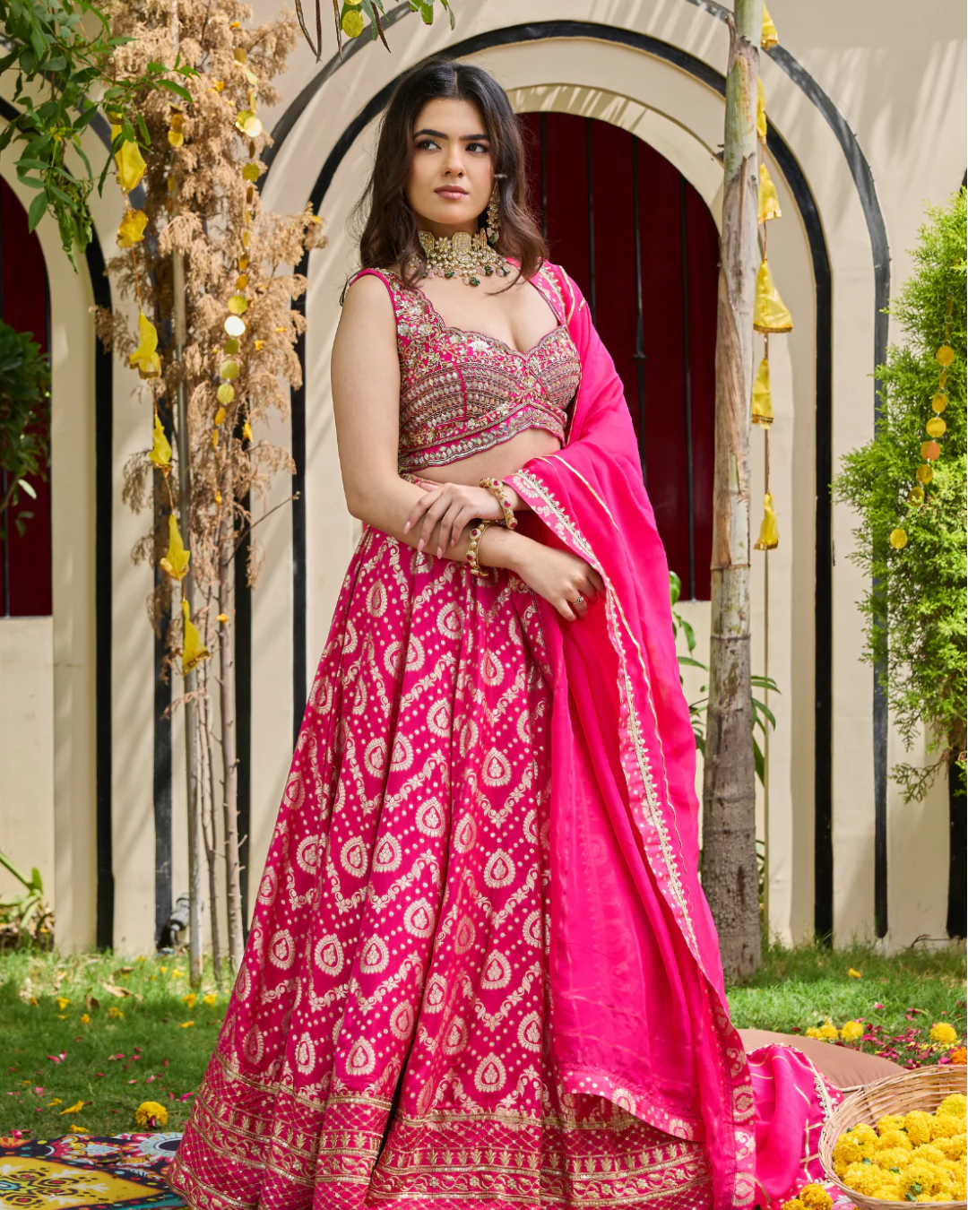 Deepika Chadha - Fuchsia Mirrored Blouse & Brocade Lehenga Set From Heer