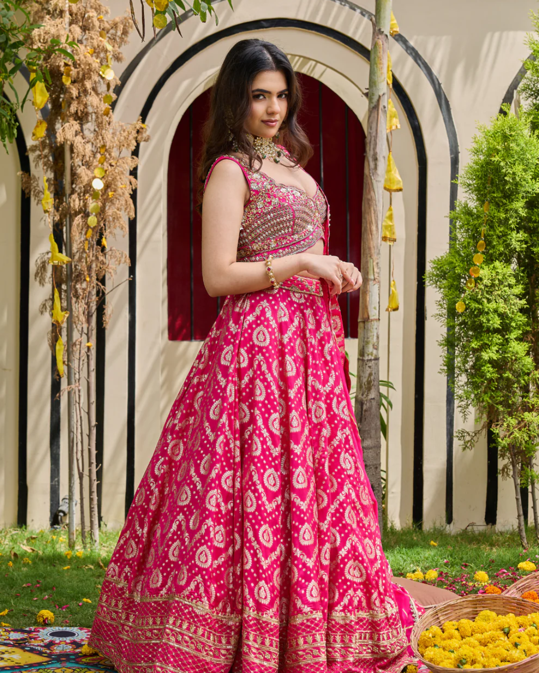 Deepika Chadha - Fuchsia Mirrored Blouse & Brocade Lehenga Set From Heer