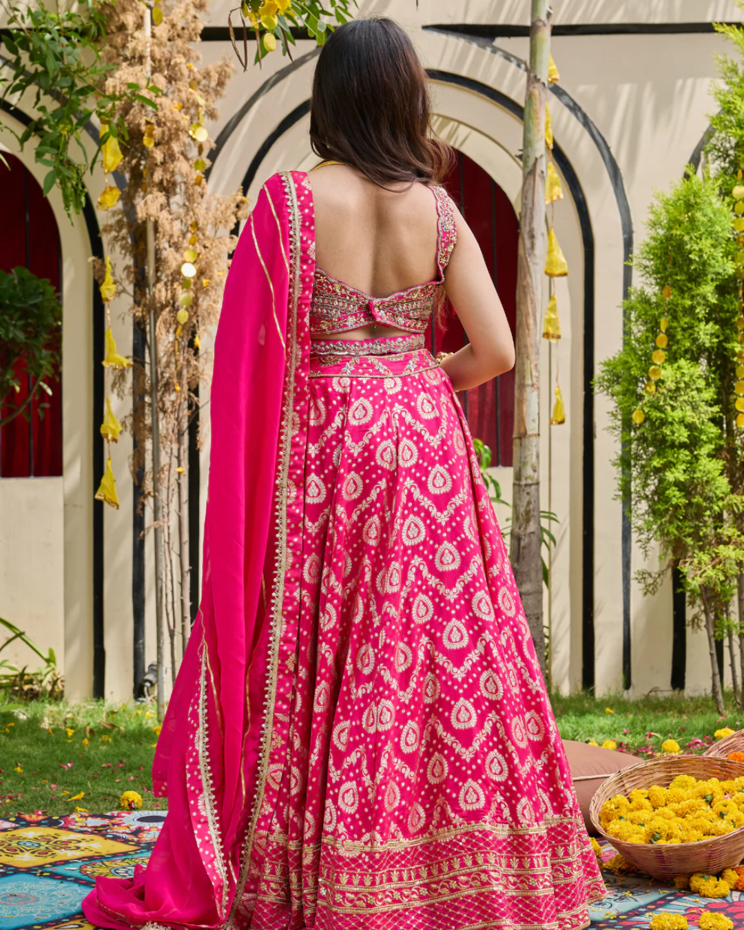 Deepika Chadha - Fuchsia Mirrored Blouse & Brocade Lehenga Set From Heer
