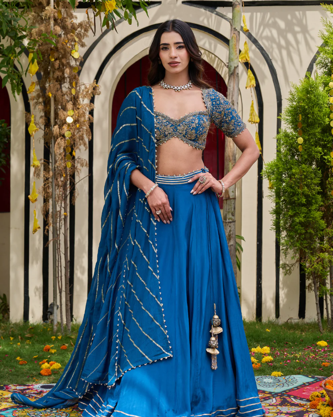 Deepika Chadha - Deep Blue Crepe Zardosi Blouse & Flowy Lehenga Set From Heer