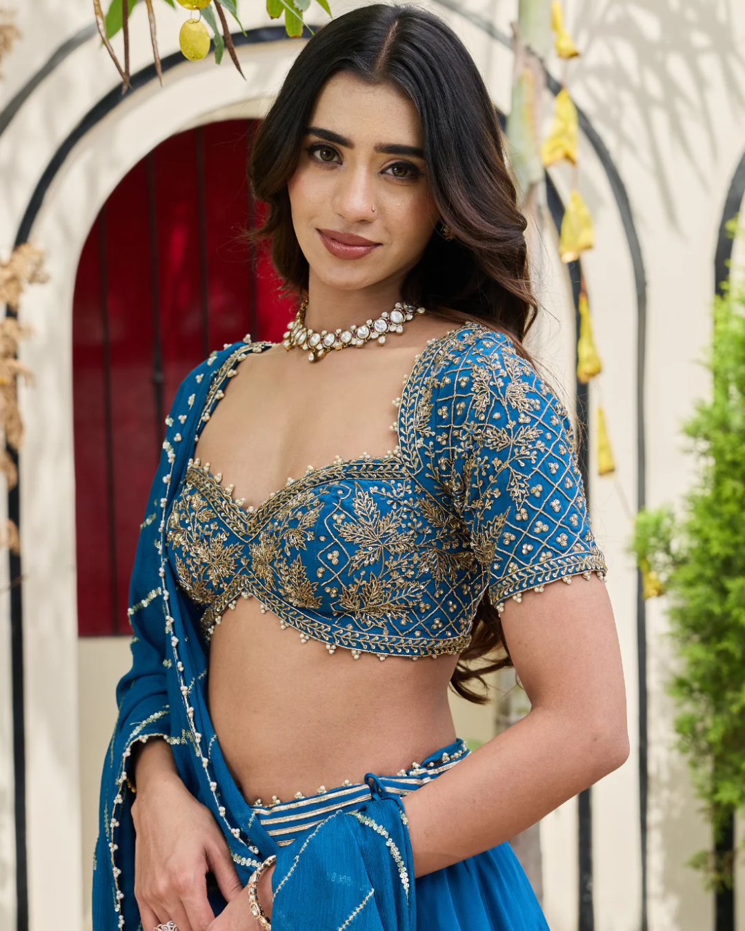 Deepika Chadha - Deep Blue Crepe Zardosi Blouse & Flowy Lehenga Set From Heer