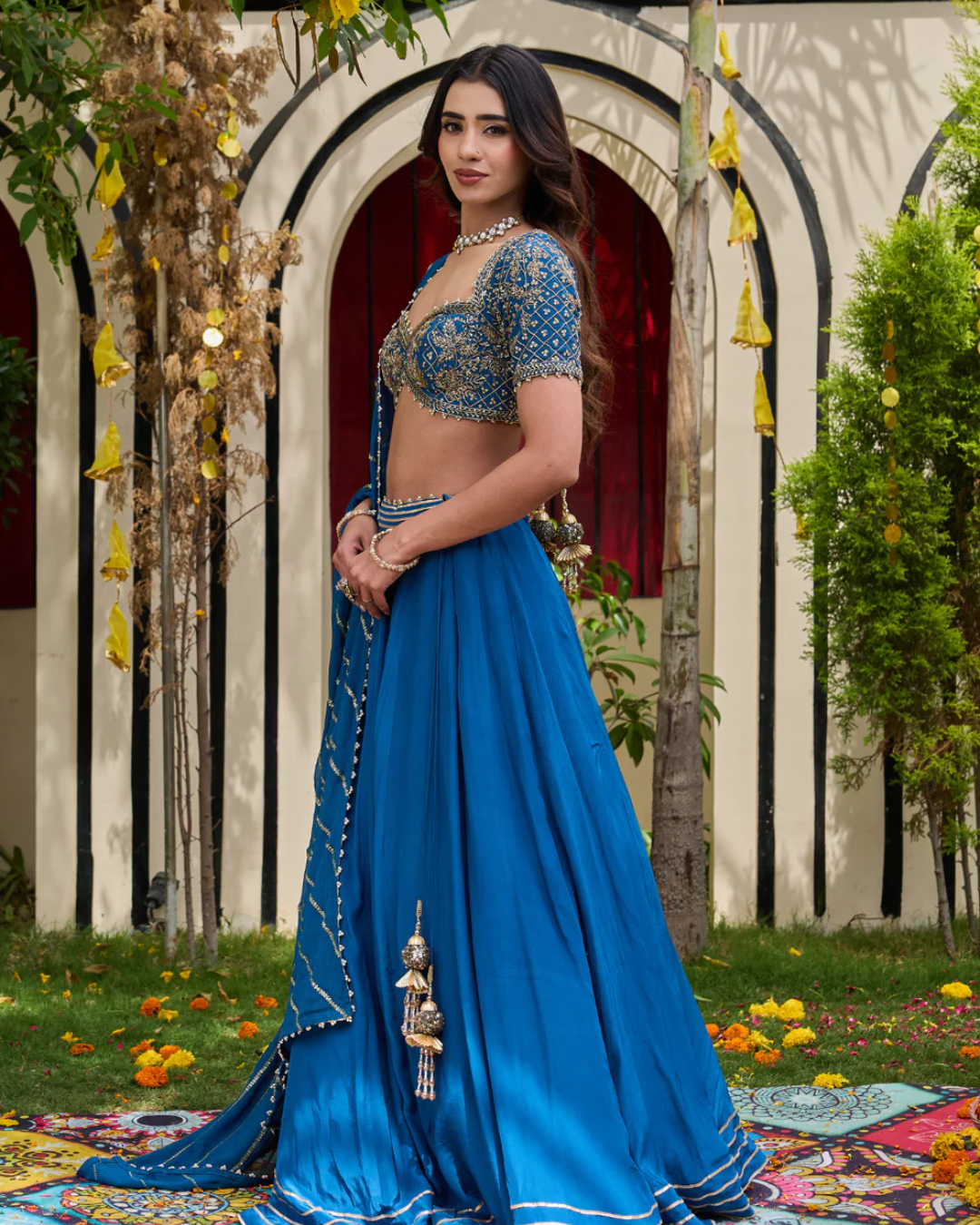Deepika Chadha - Deep Blue Crepe Zardosi Blouse & Flowy Lehenga Set From Heer