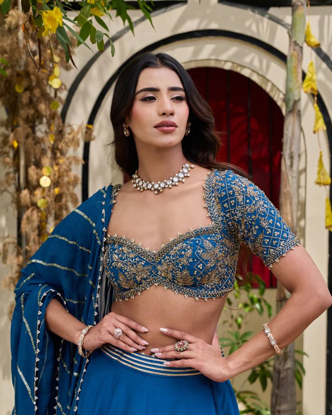 Deepika Chadha - Deep Blue Crepe Zardosi Blouse & Flowy Lehenga Set From Heer