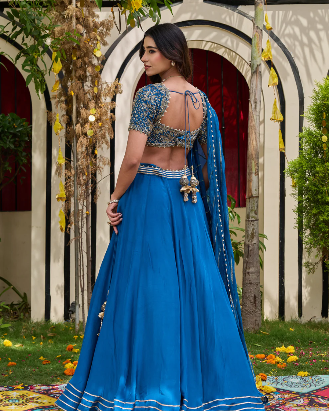 Deepika Chadha - Deep Blue Crepe Zardosi Blouse & Flowy Lehenga Set From Heer