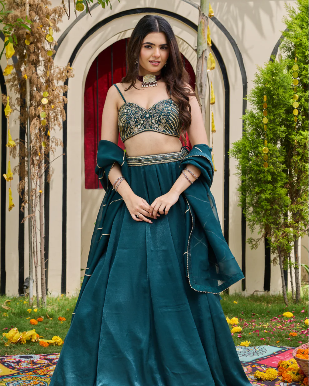 Deepika Chadha - Emerald Zardosi Bustier & Shimmering Crepe Lehenga Set From Heer