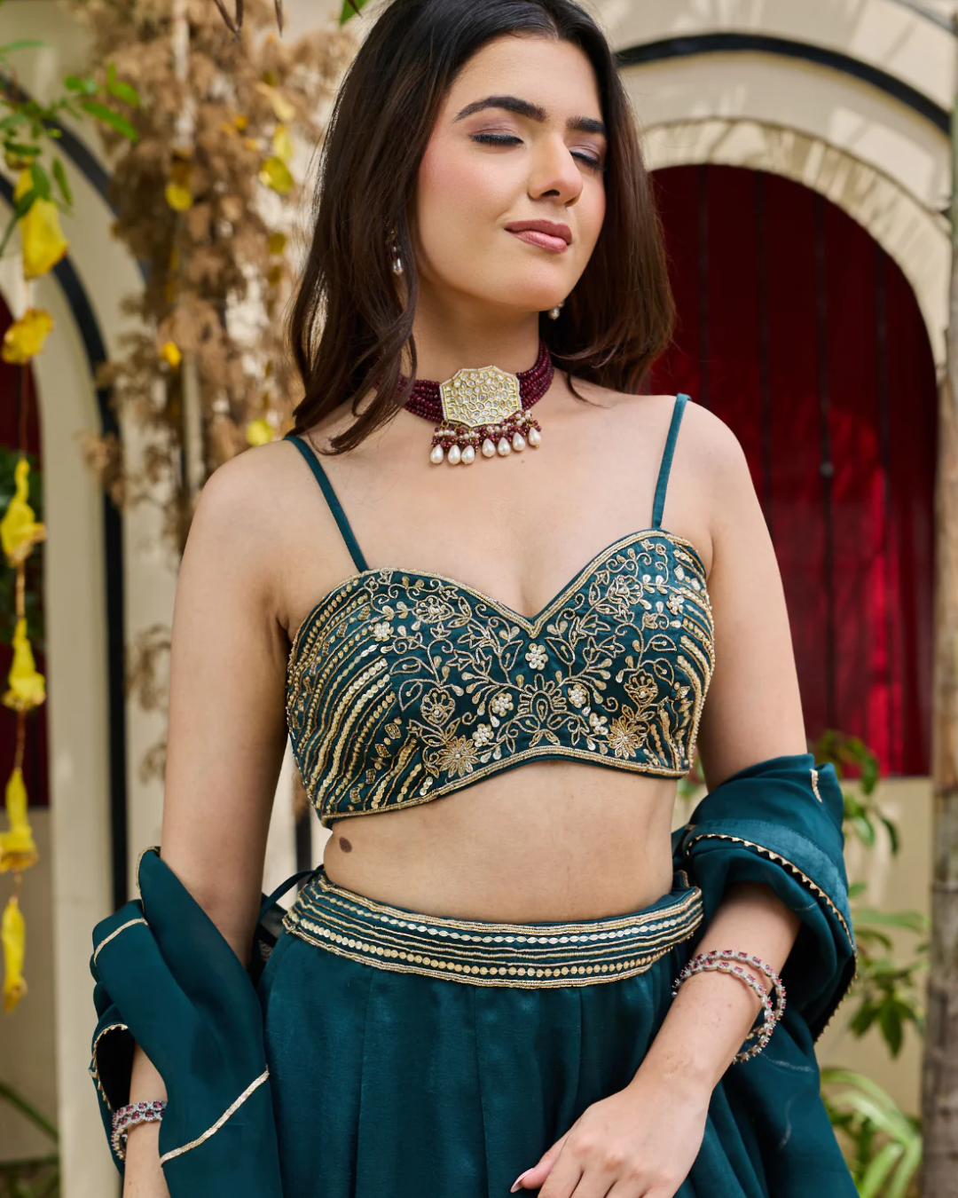 Deepika Chadha - Emerald Zardosi Bustier & Shimmering Crepe Lehenga Set From Heer