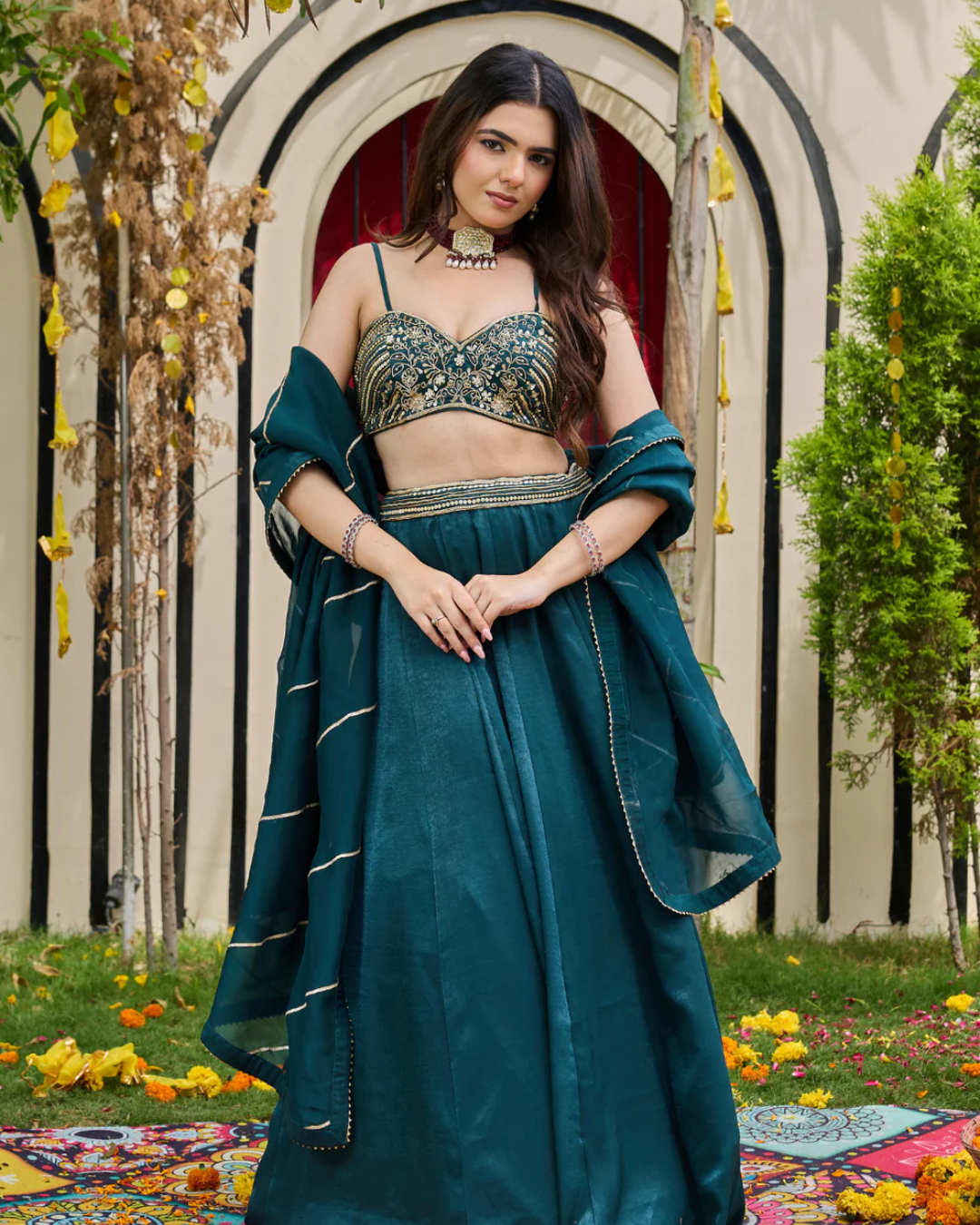 Deepika Chadha - Emerald Zardosi Bustier & Shimmering Crepe Lehenga Set From Heer