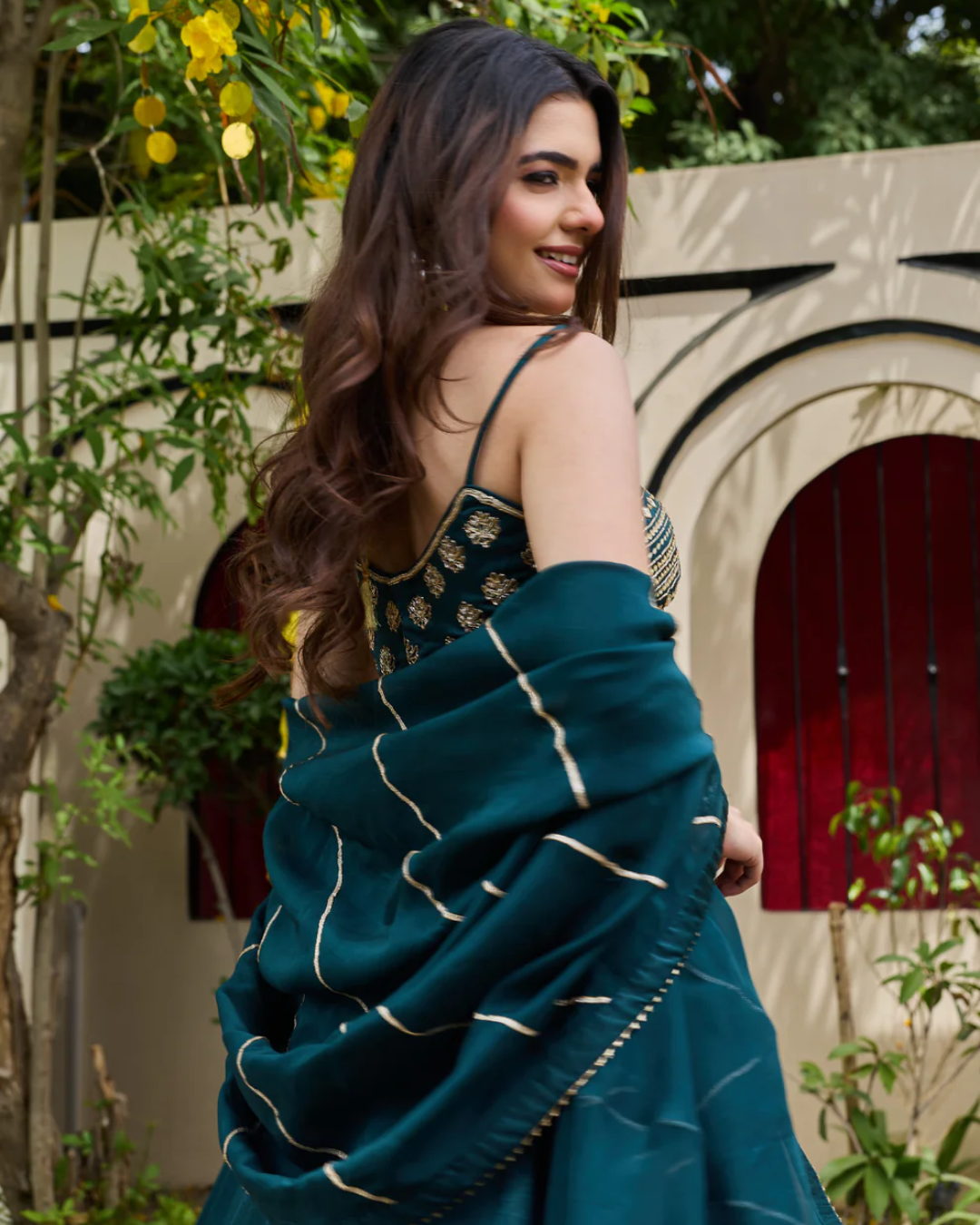 Deepika Chadha - Emerald Zardosi Bustier & Shimmering Crepe Lehenga Set From Heer