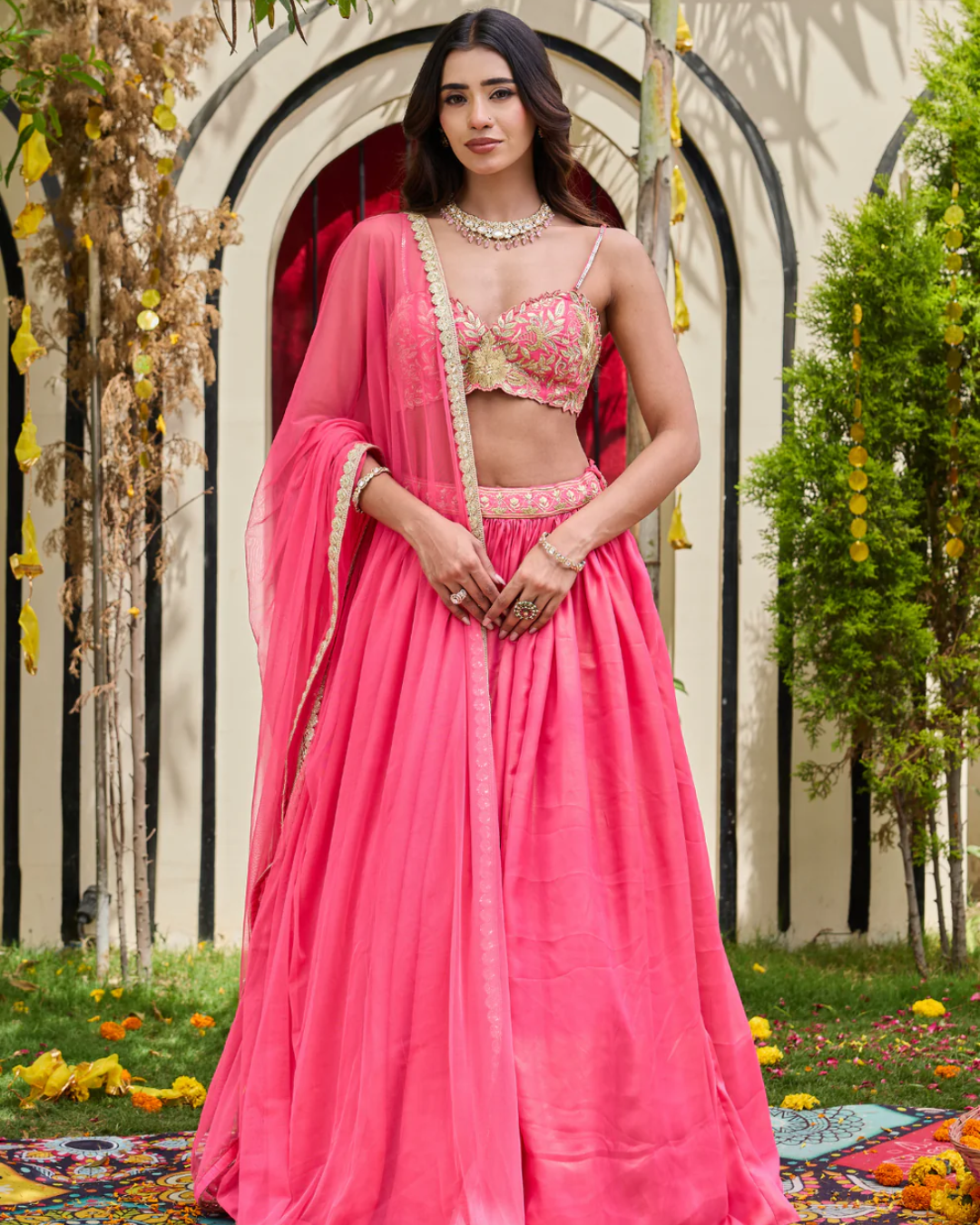 Deepika Chadha - Pink Shimmer Bustier & Georgette Lehenga Set From Heer