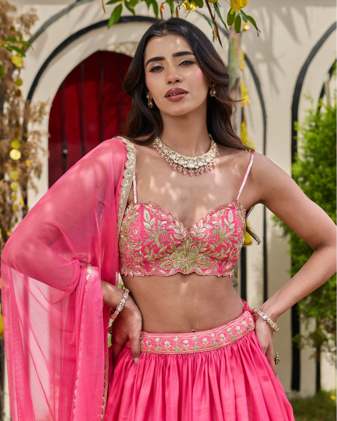 Deepika Chadha - Pink Shimmer Bustier & Georgette Lehenga Set From Heer