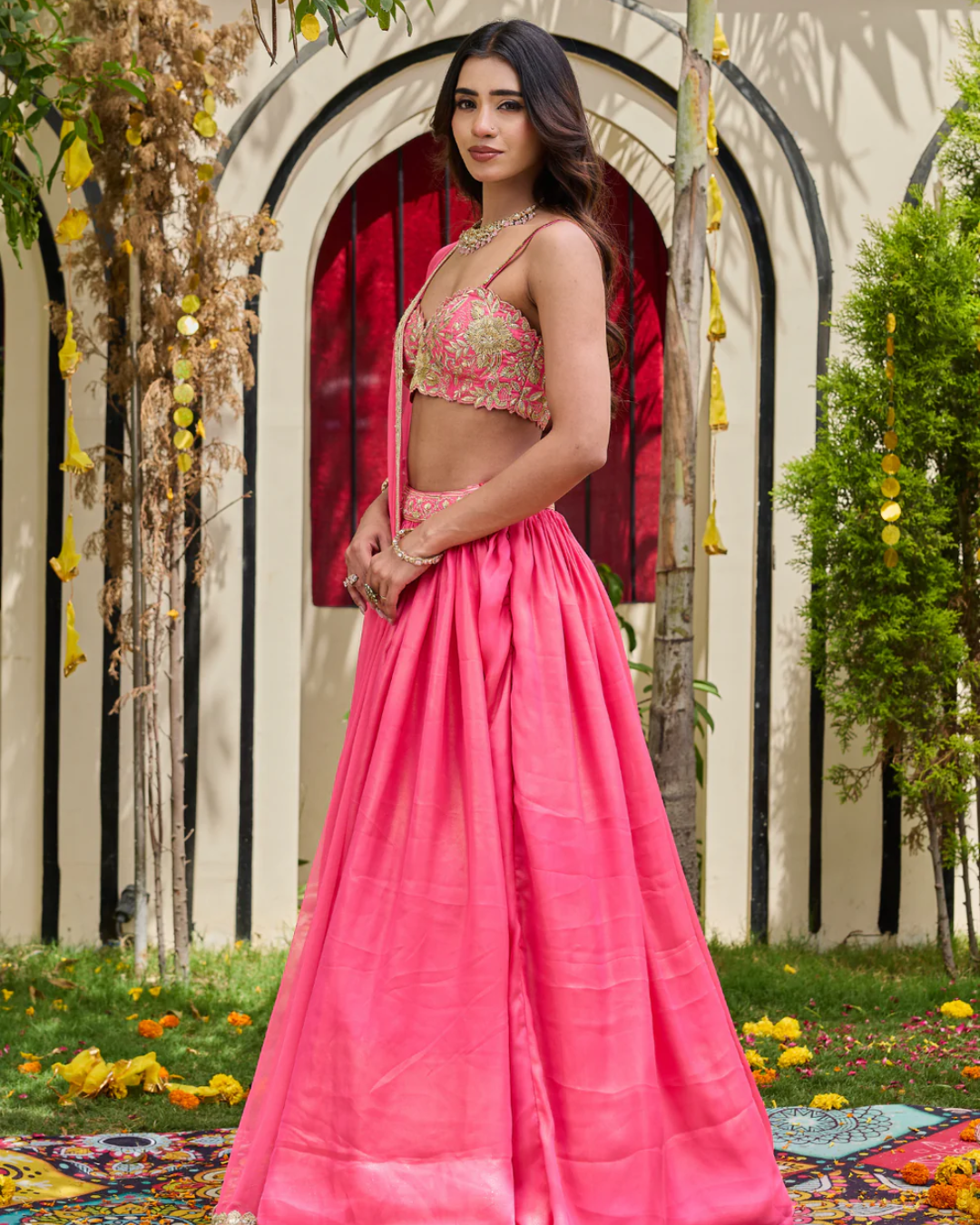 Deepika Chadha - Pink Shimmer Bustier & Georgette Lehenga Set From Heer