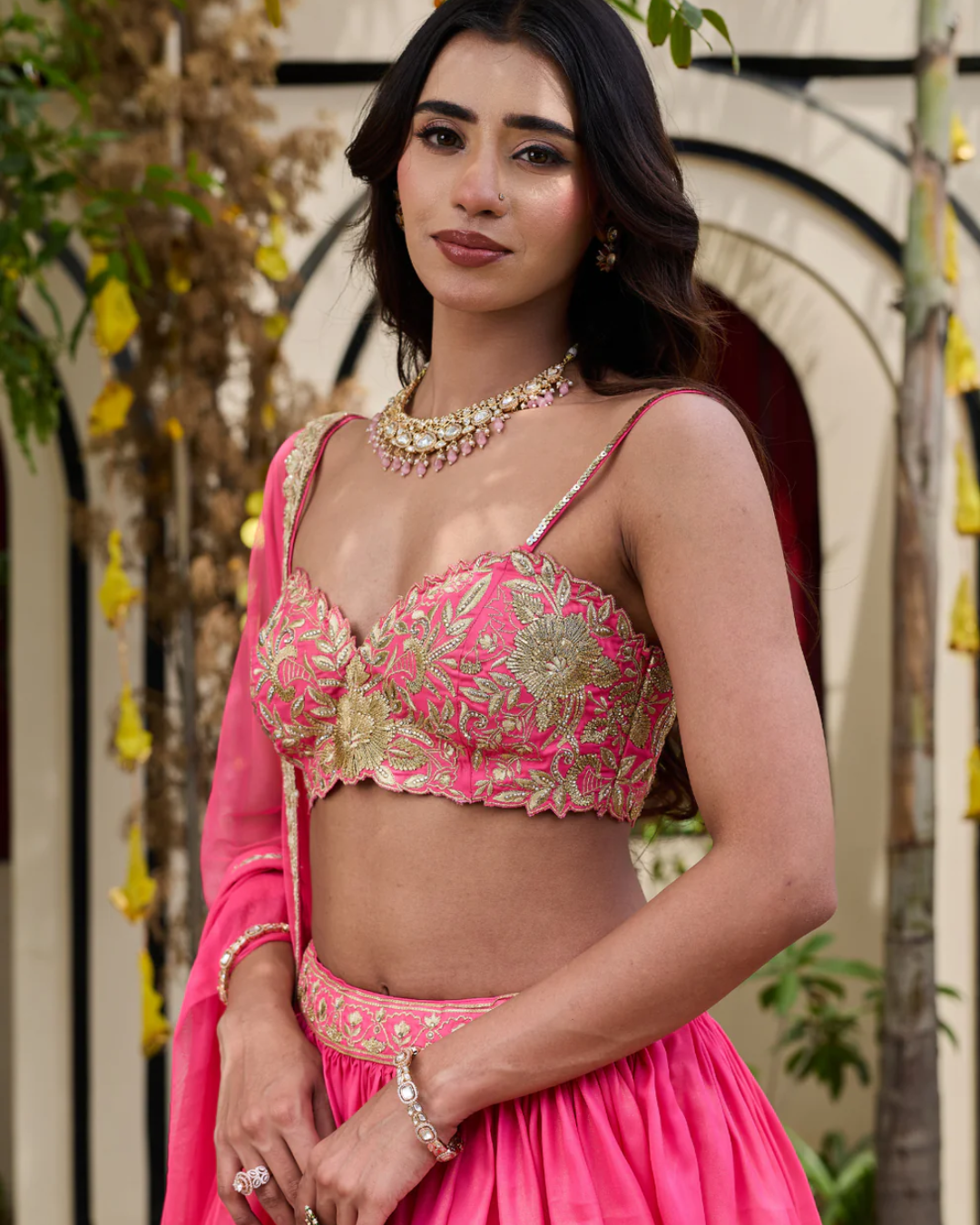 Deepika Chadha - Pink Shimmer Bustier & Georgette Lehenga Set From Heer