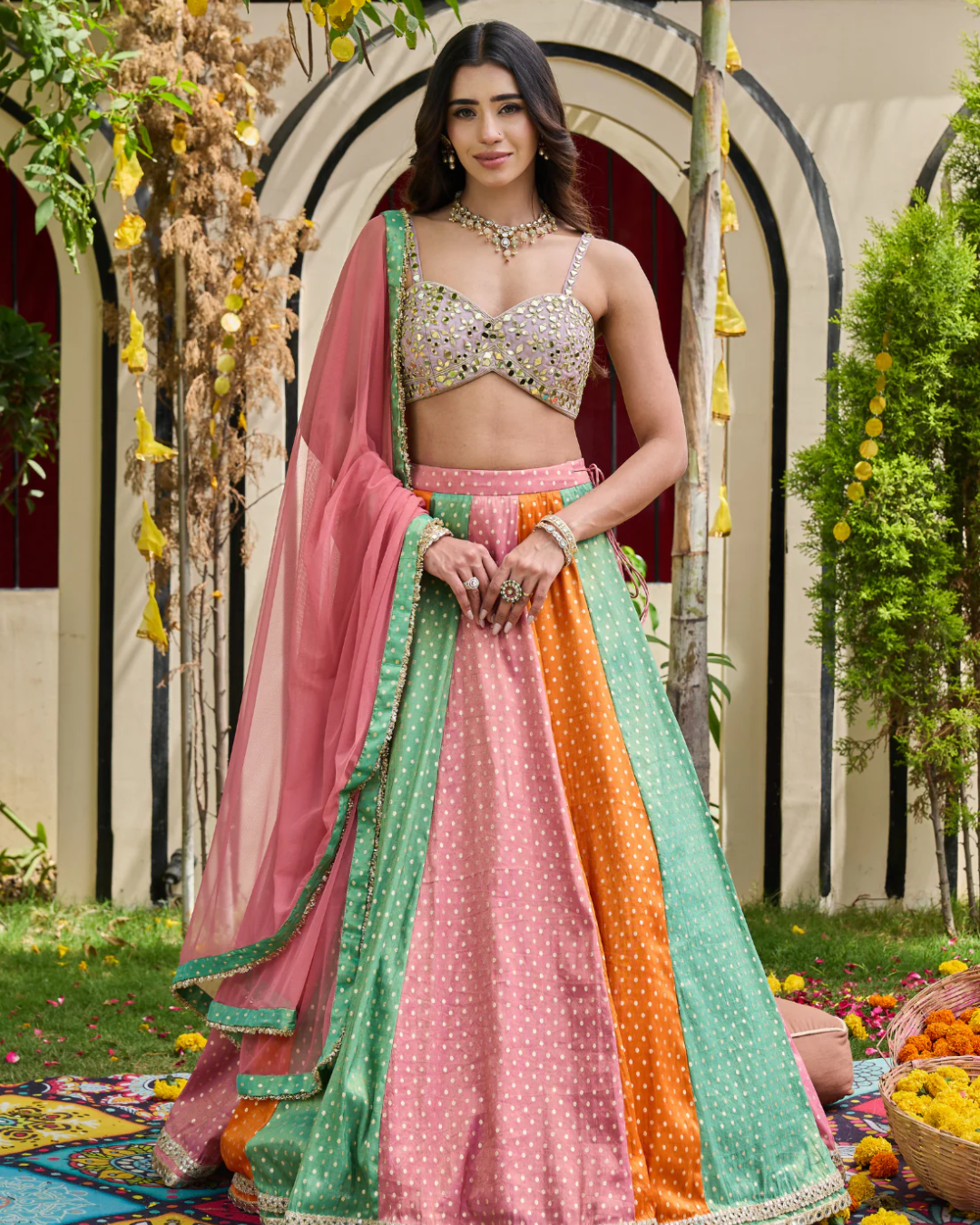 Deepika Chadha - Mauve Mirror-Encrusted Bustier & Multi-Panel Lehenga Set From Heer