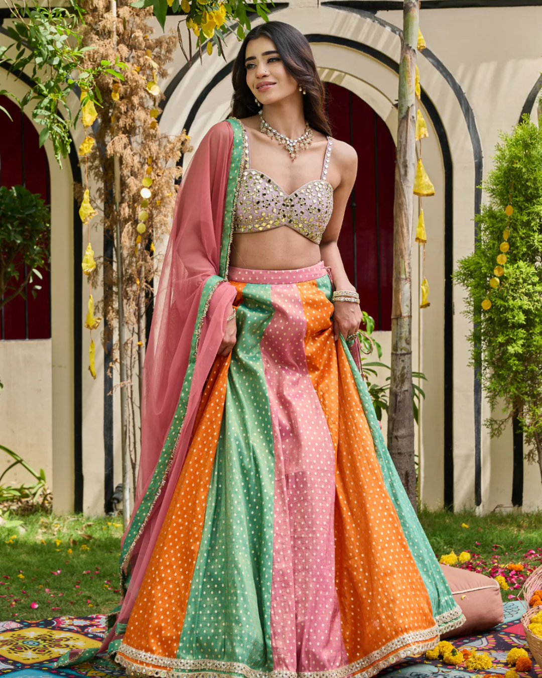 Deepika Chadha - Mauve Mirror-Encrusted Bustier & Multi-Panel Lehenga Set From Heer