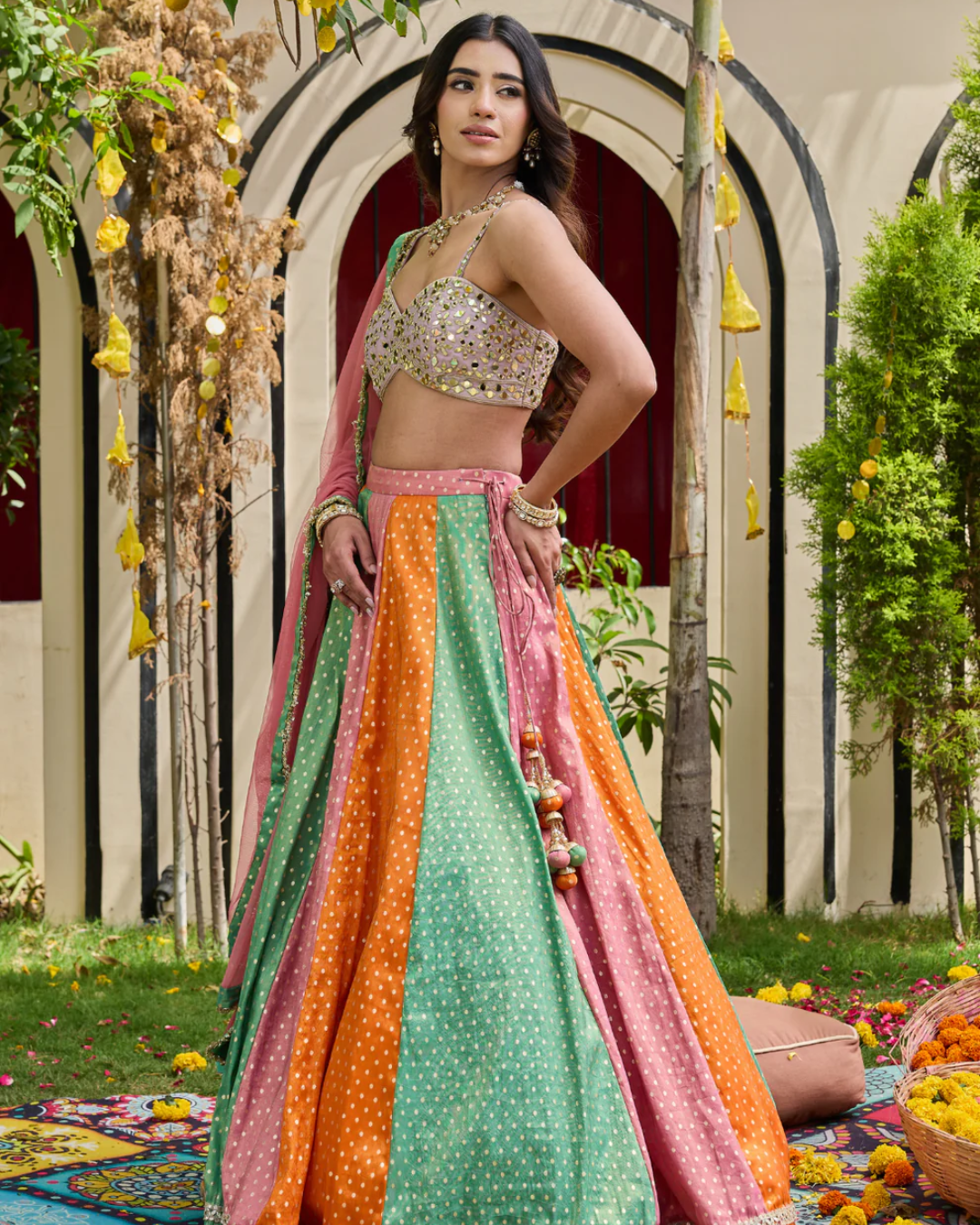 Deepika Chadha - Mauve Mirror-Encrusted Bustier & Multi-Panel Lehenga Set From Heer