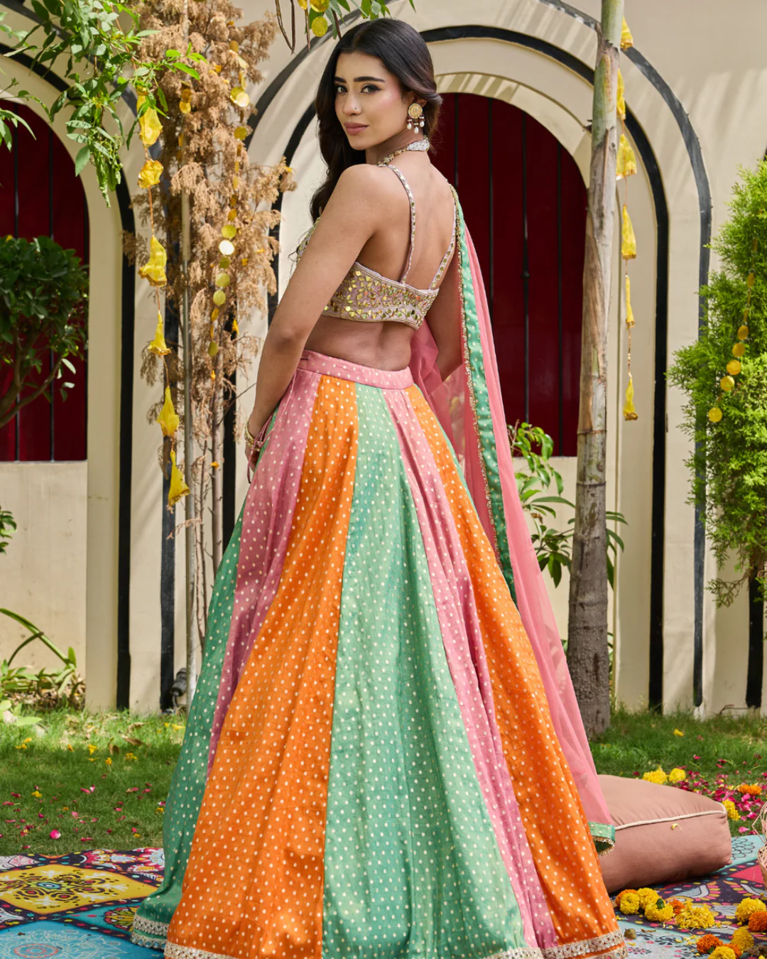 Deepika Chadha - Mauve Mirror-Encrusted Bustier & Multi-Panel Lehenga Set From Heer