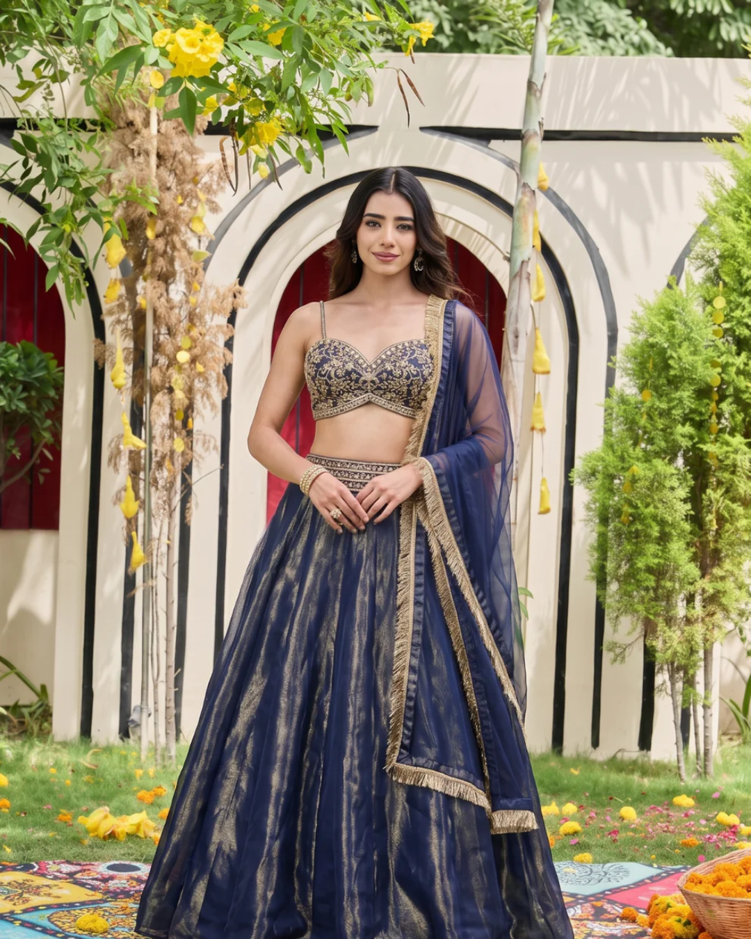 Deepika Chadha - Navy blue bustier and shimmer organza lehnga set From Heer