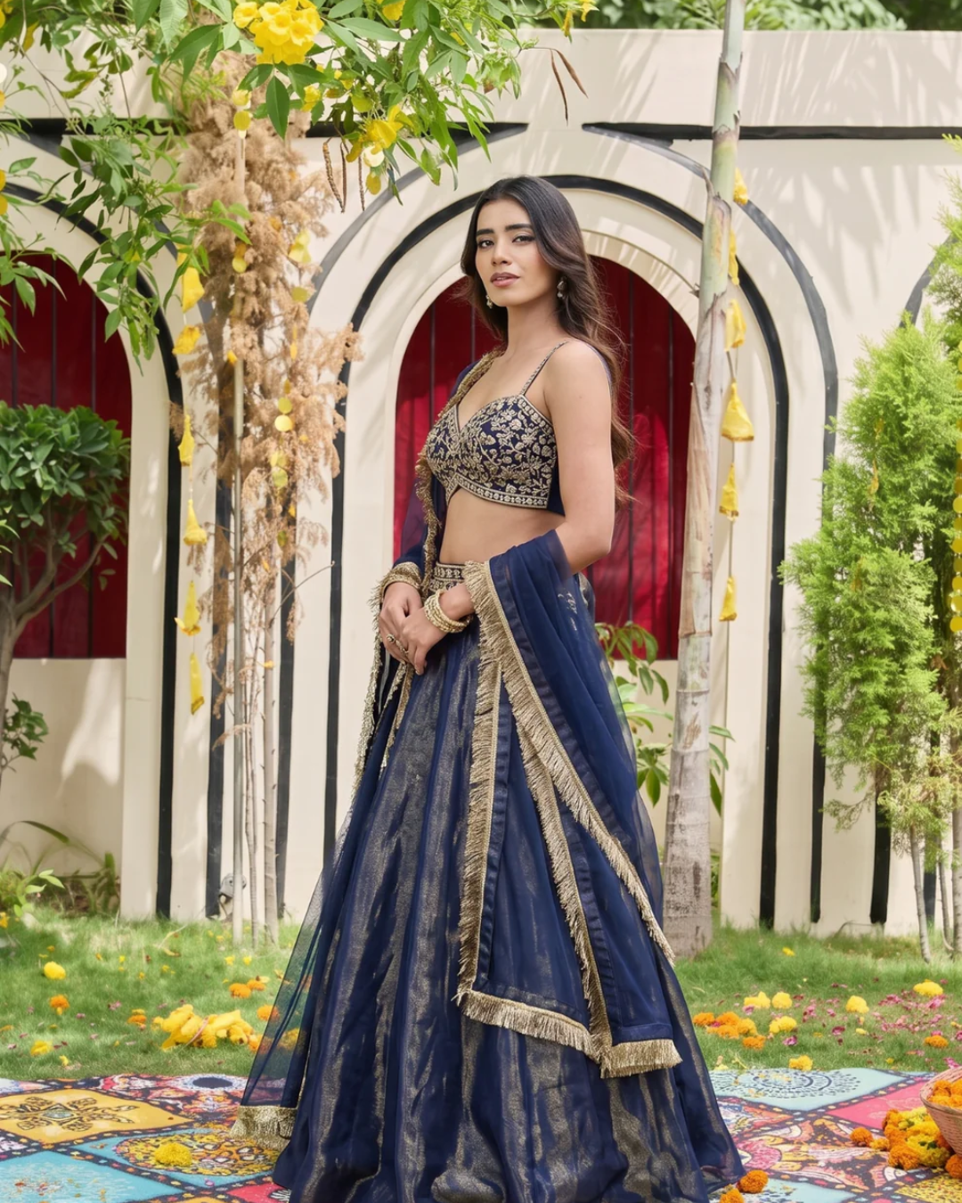 Deepika Chadha - Navy blue bustier and shimmer organza lehnga set From Heer