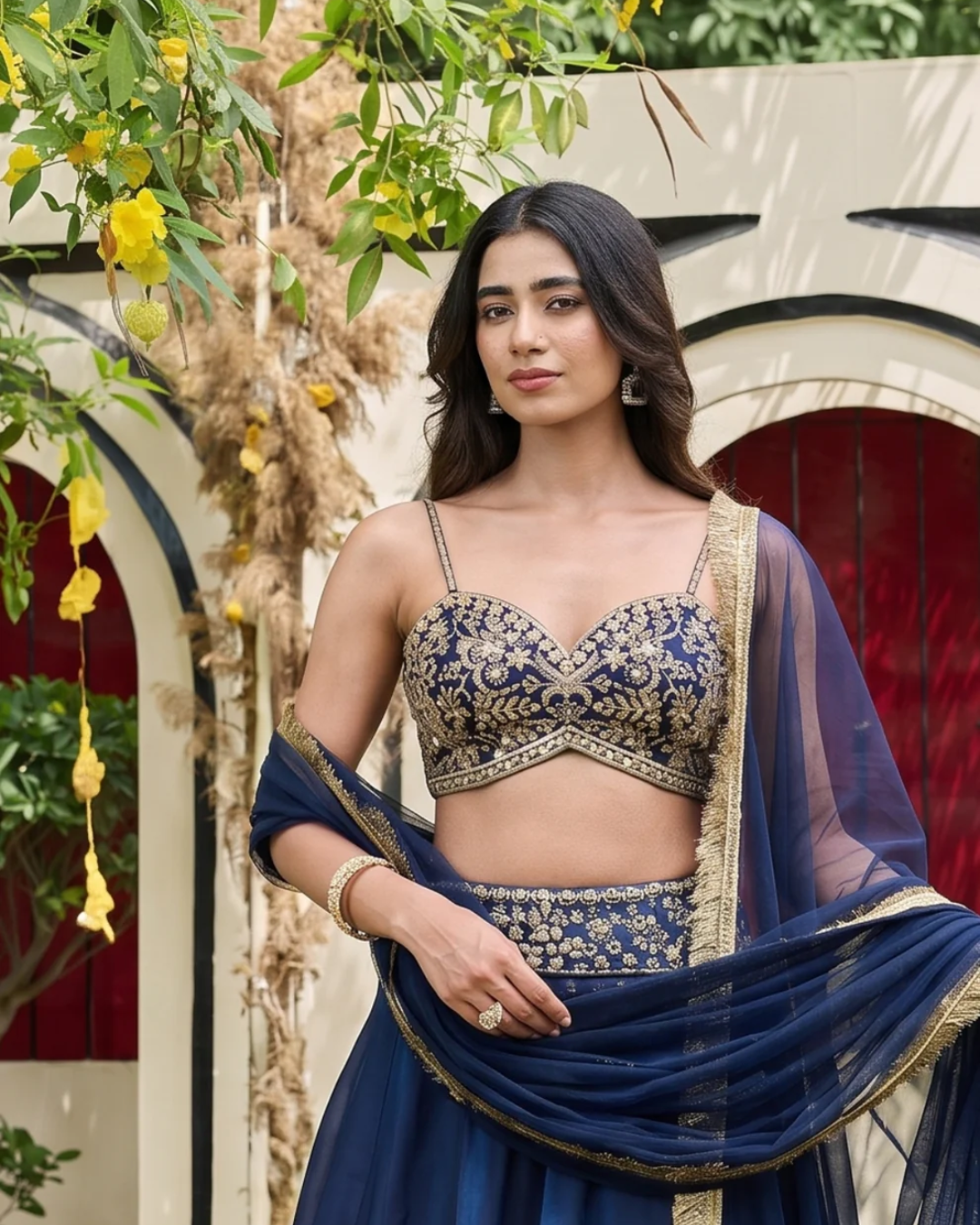 Deepika Chadha - Navy blue bustier and shimmer organza lehnga set From Heer
