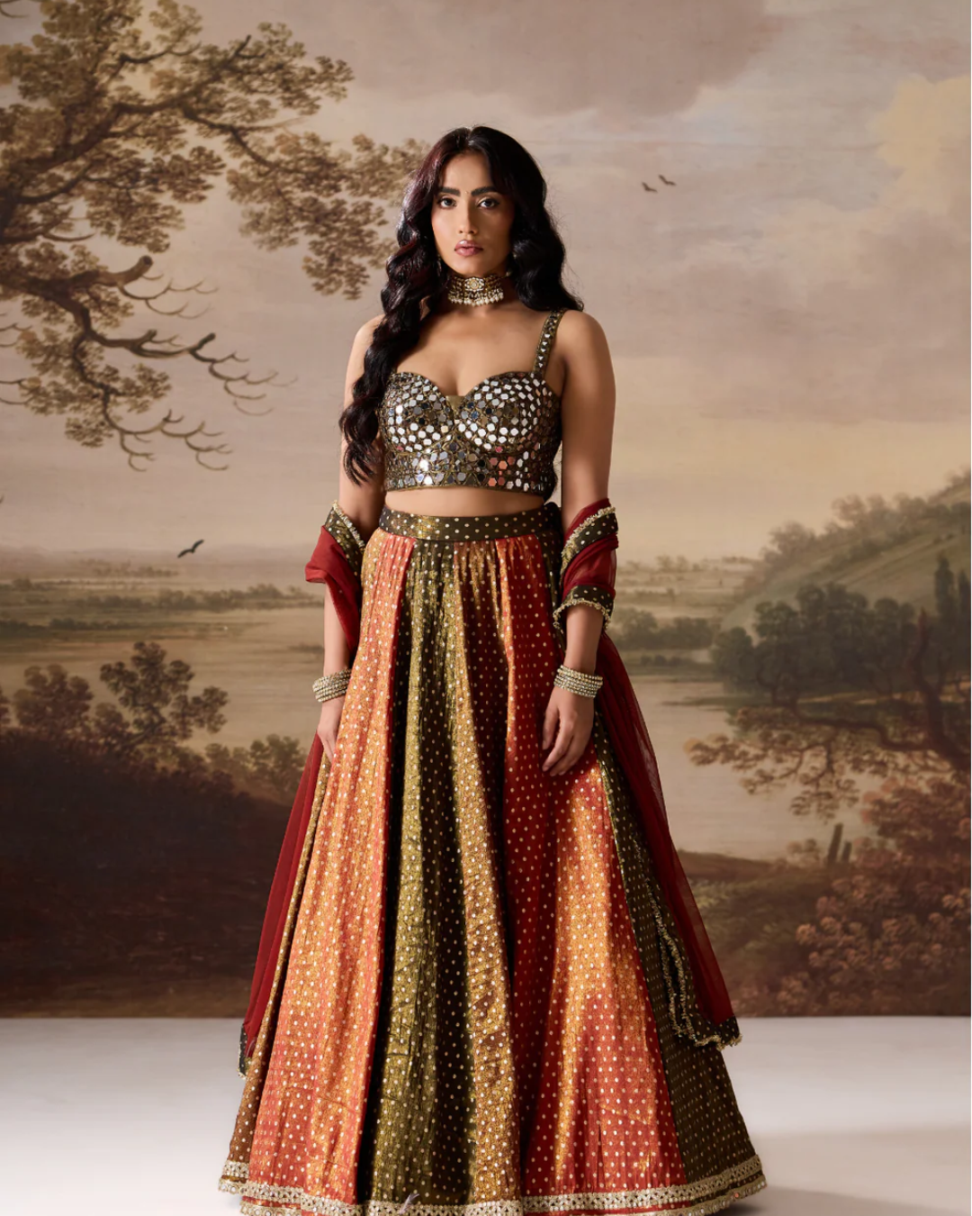 Deepika Chadha - Olive green emb blouse and cosmos multipanel lehnga set From Heer