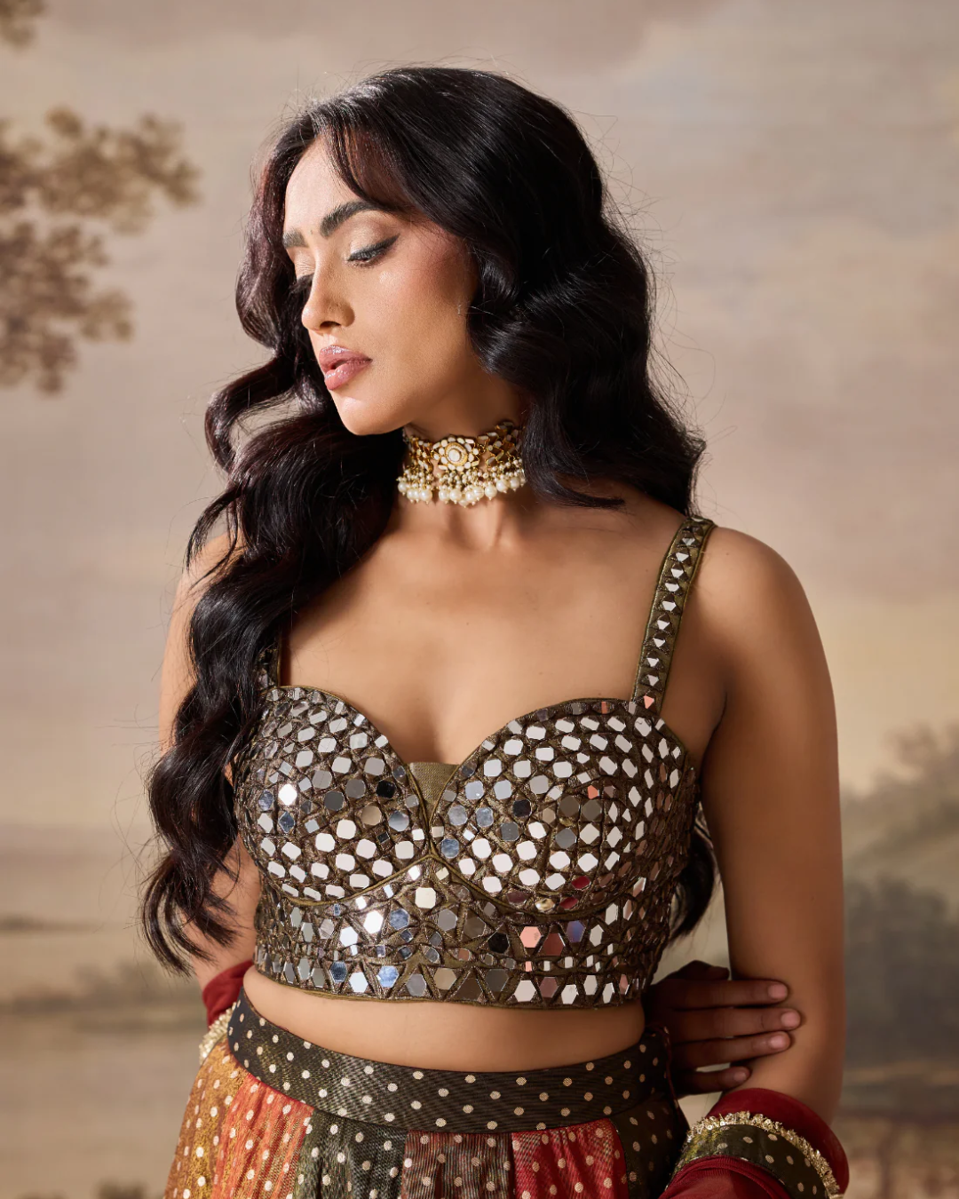 Deepika Chadha - Olive green emb blouse and cosmos multipanel lehnga set From Heer