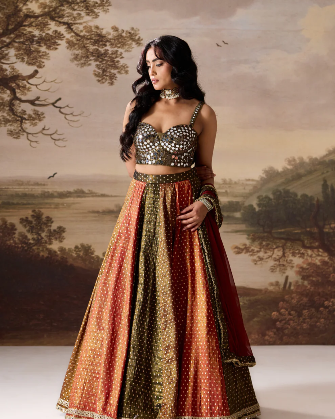 Deepika Chadha - Olive green emb blouse and cosmos multipanel lehnga set From Heer