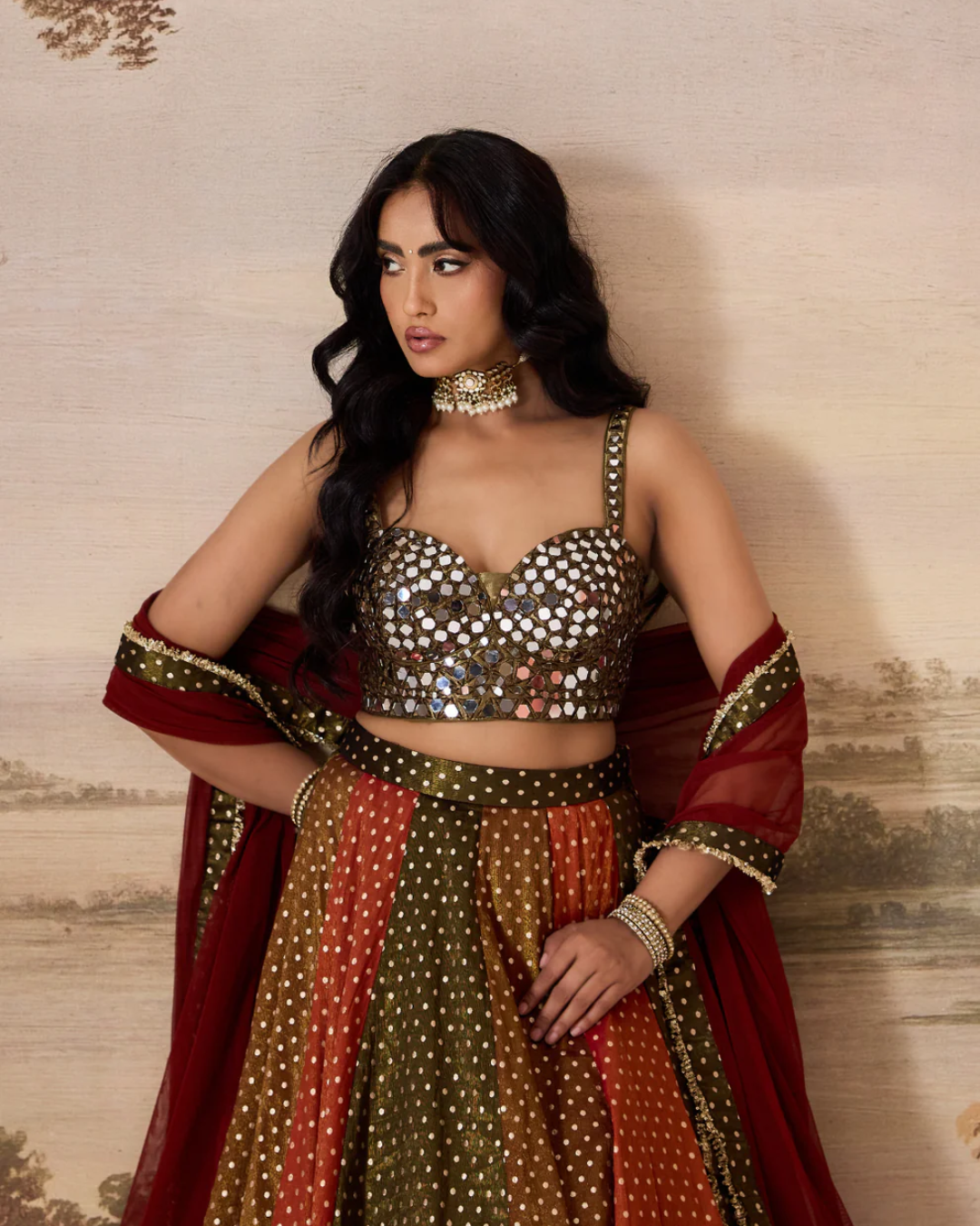 Deepika Chadha - Olive green emb blouse and cosmos multipanel lehnga set From Heer