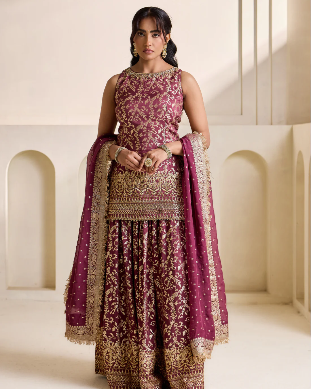 Deepika Chadha - Wine embroidery banarsi kurti amd sharara set From Heer