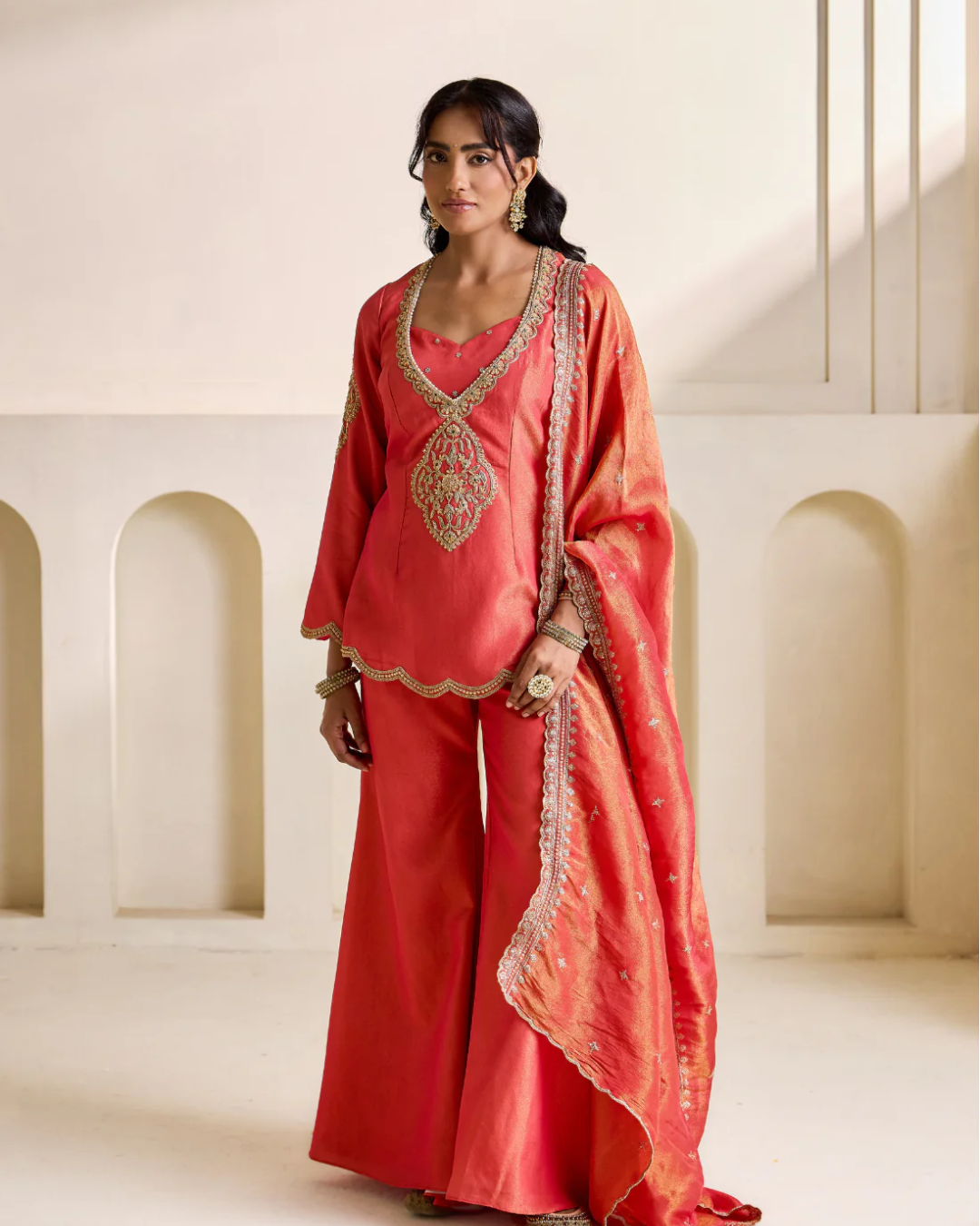 Deepika Chadha - Orange embroidery cosmos kurti, bustier and Flare plazo set From Heer