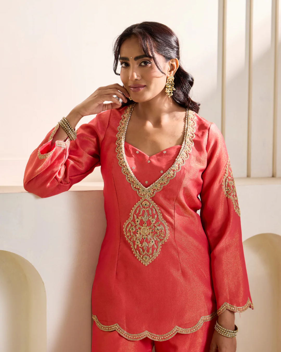 Deepika Chadha - Orange embroidery cosmos kurti, bustier and Flare plazo set From Heer