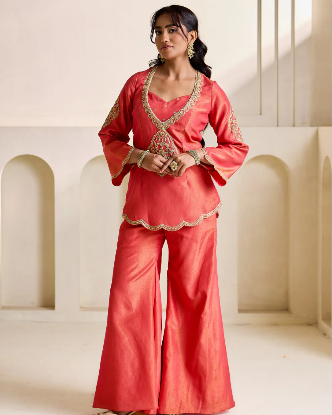 Deepika Chadha - Orange embroidery cosmos kurti, bustier and Flare plazo set From Heer