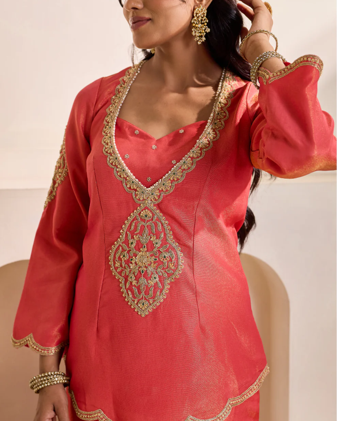 Deepika Chadha - Orange embroidery cosmos kurti, bustier and Flare plazo set From Heer