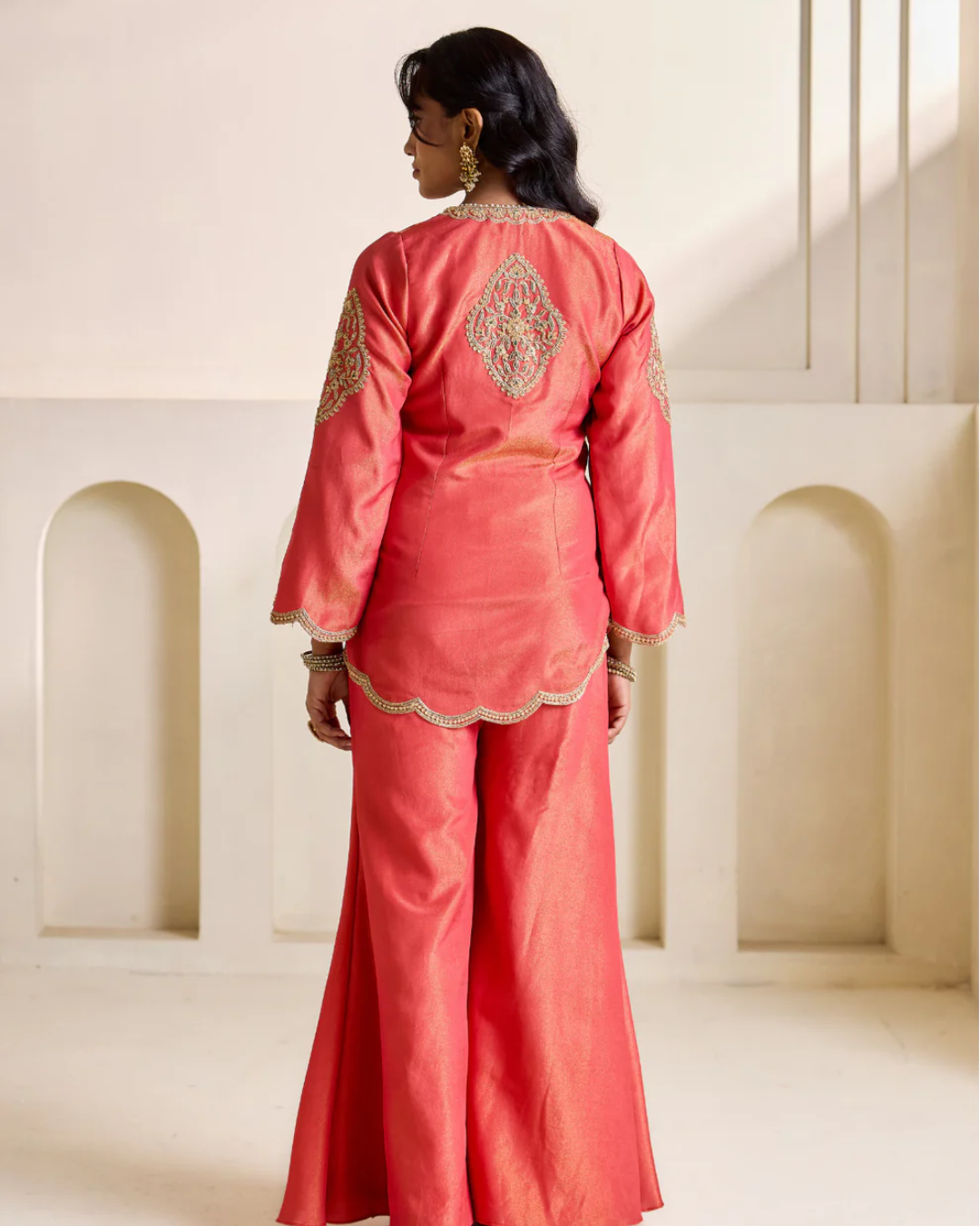 Deepika Chadha - Orange embroidery cosmos kurti, bustier and Flare plazo set From Heer