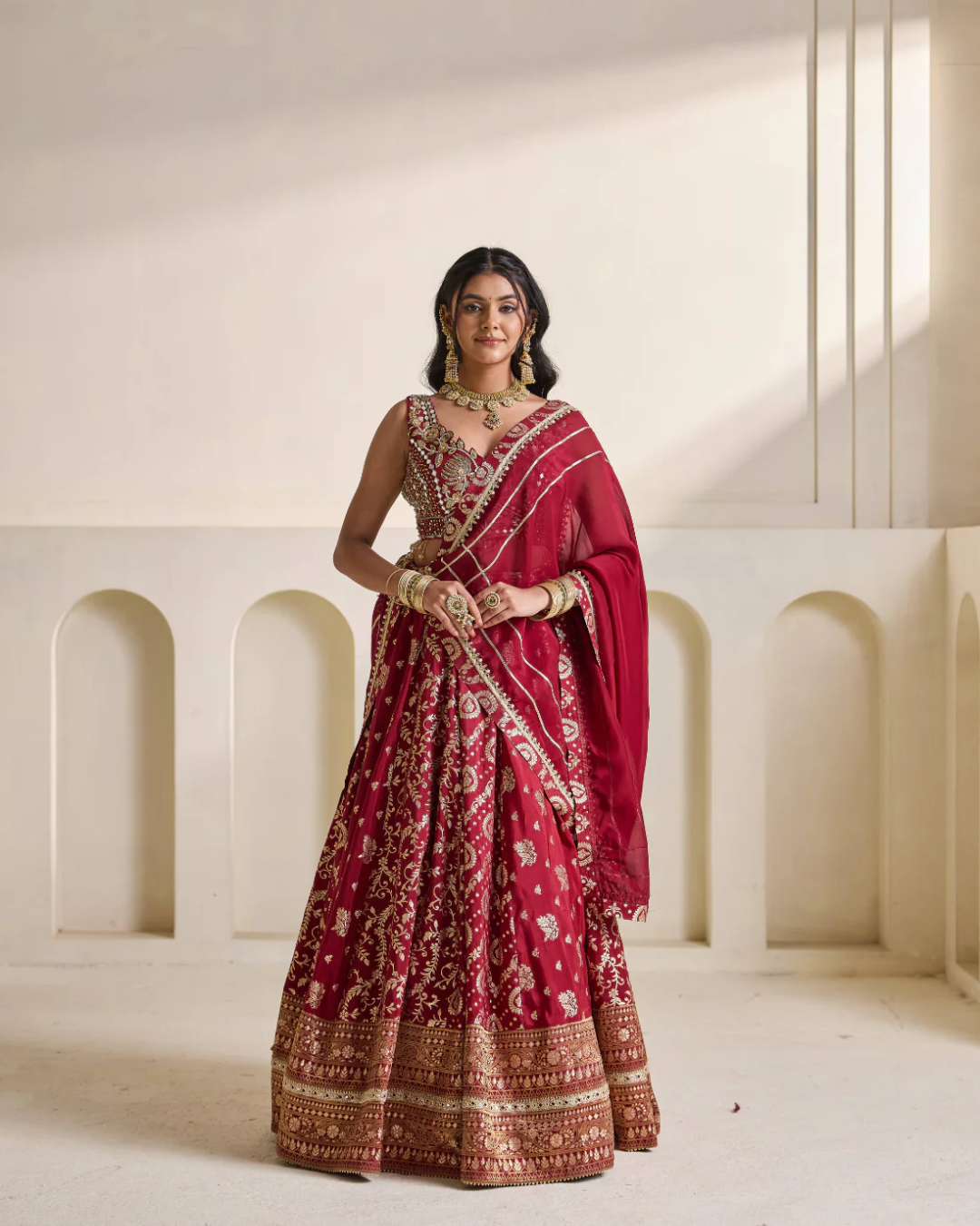 Deepika Chadha - Maroon embroidered blouse and banarsi lehnga set From Heer