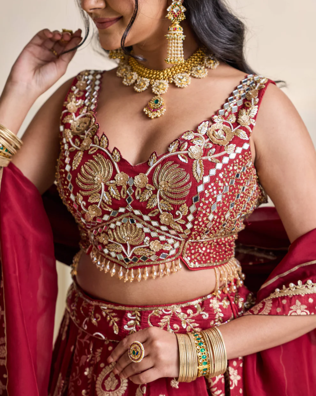 Deepika Chadha - Maroon embroidered blouse and banarsi lehnga set From Heer