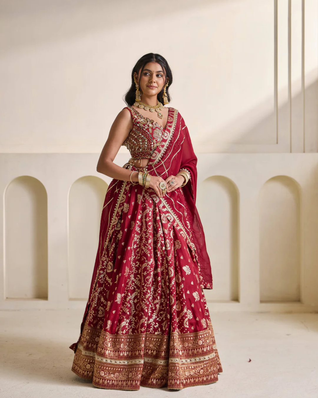 Deepika Chadha - Maroon embroidered blouse and banarsi lehnga set From Heer