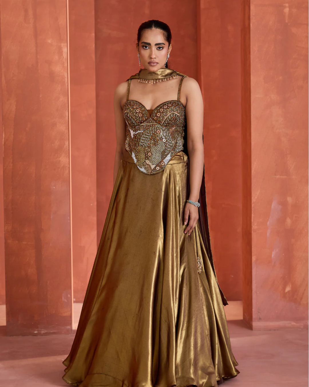 Deepika Chadha - Antique Gold Corset  Chokar Dupatta and Lehenga From Midnight