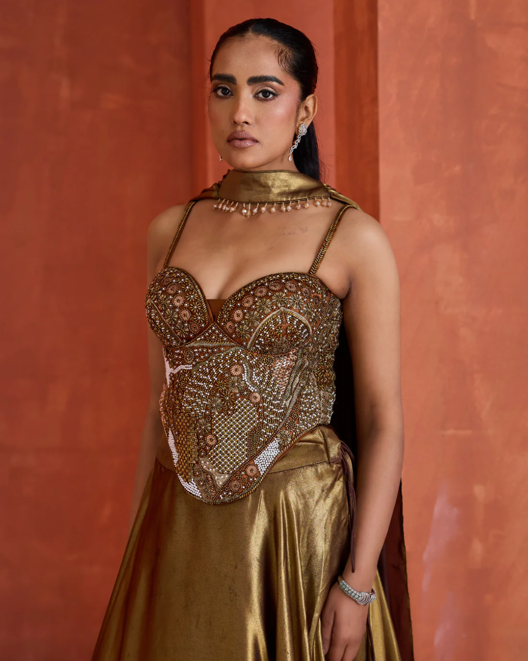 Deepika Chadha - Antique Gold Corset  Chokar Dupatta and Lehenga From Midnight