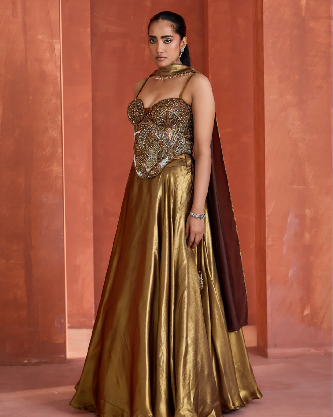 Deepika Chadha - Antique Gold Corset  Chokar Dupatta and Lehenga From Midnight