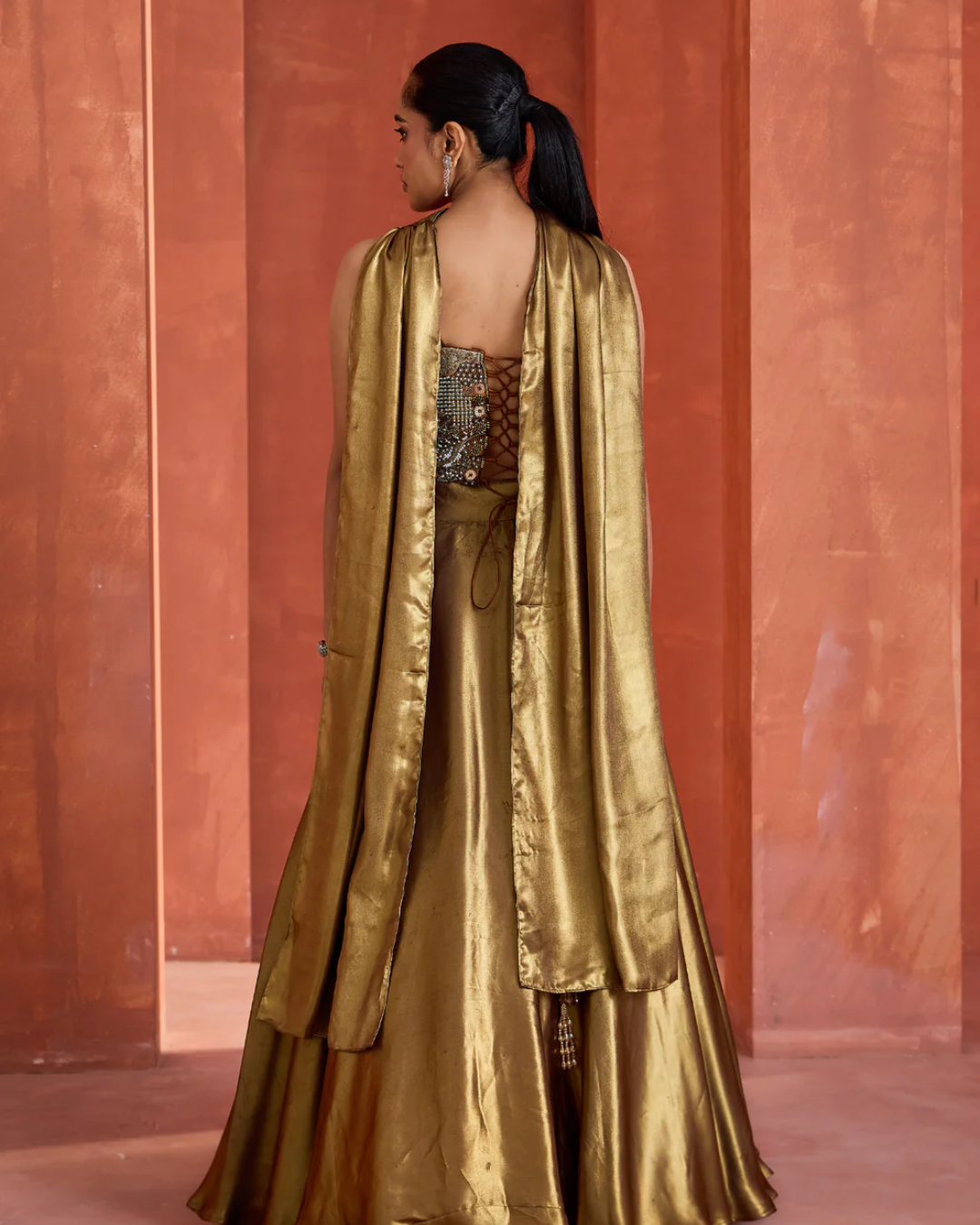 Deepika Chadha - Antique Gold Corset  Chokar Dupatta and Lehenga From Midnight