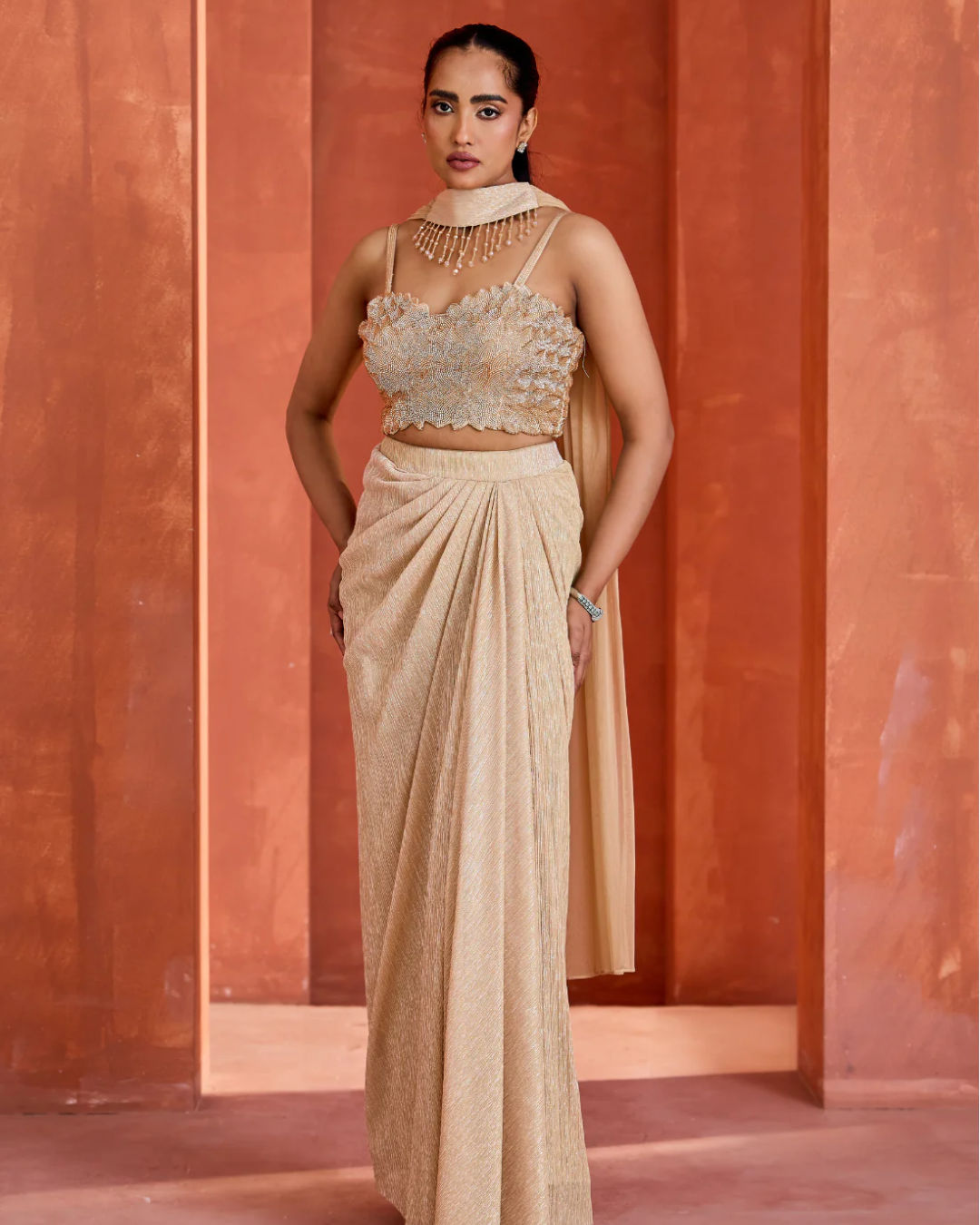 Deepika Chadha - Light gold blouse Drape Skirt And Choker Dupatta From Midnight
