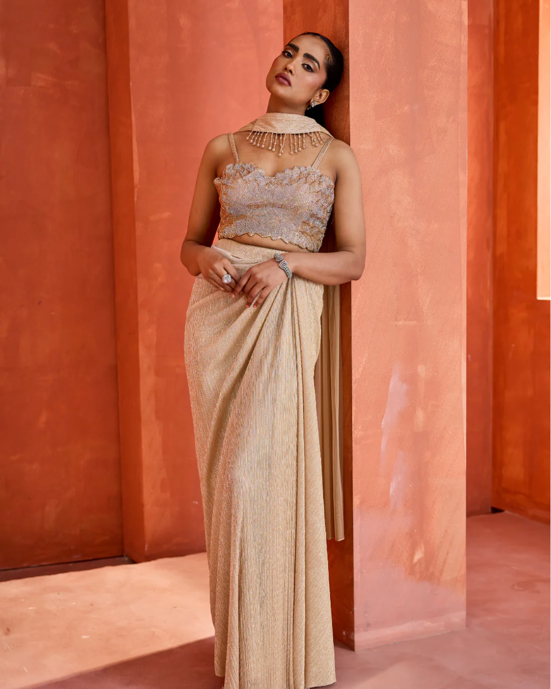 Deepika Chadha - Light gold blouse Drape Skirt And Choker Dupatta From Midnight