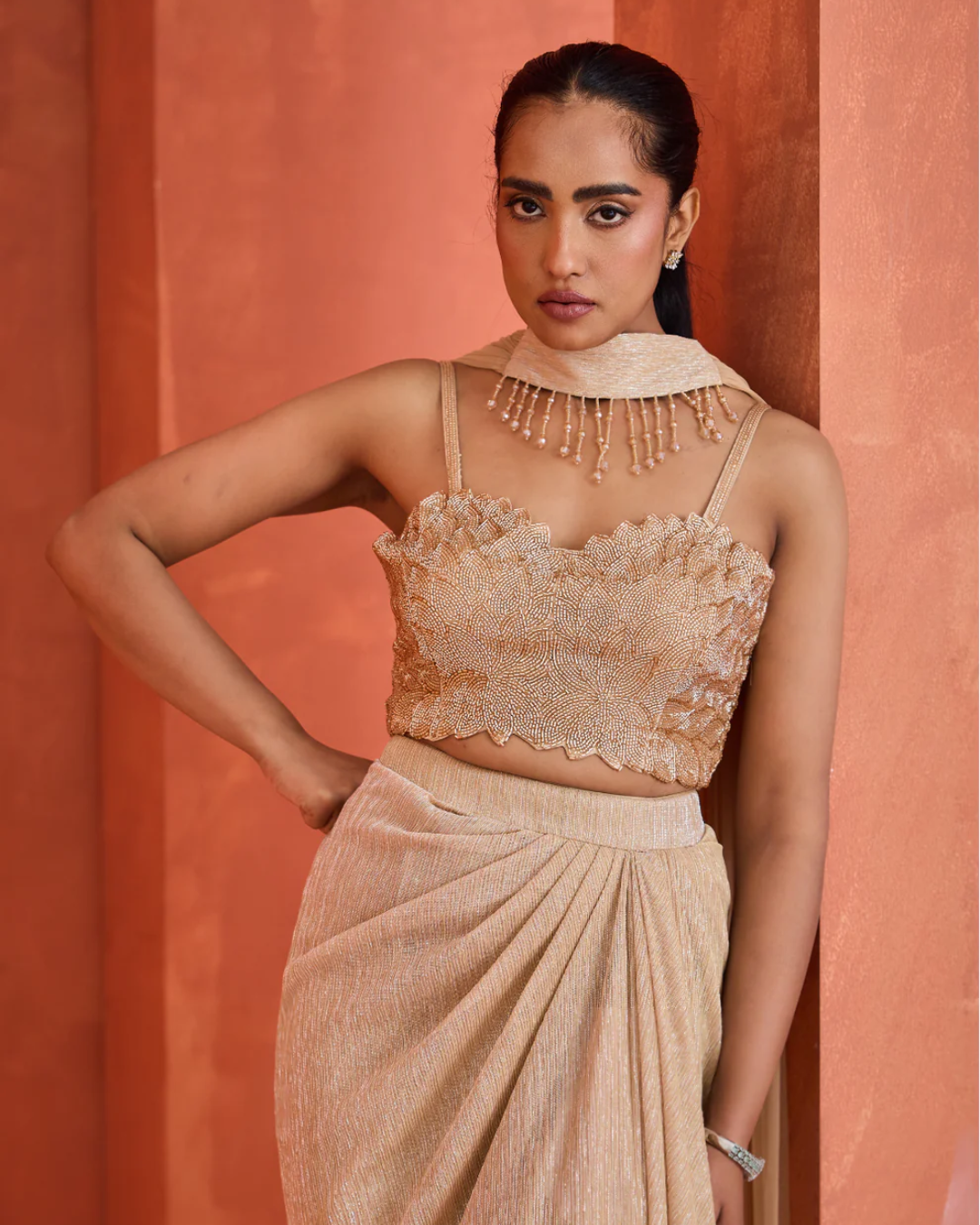 Deepika Chadha - Light gold blouse Drape Skirt And Choker Dupatta From Midnight