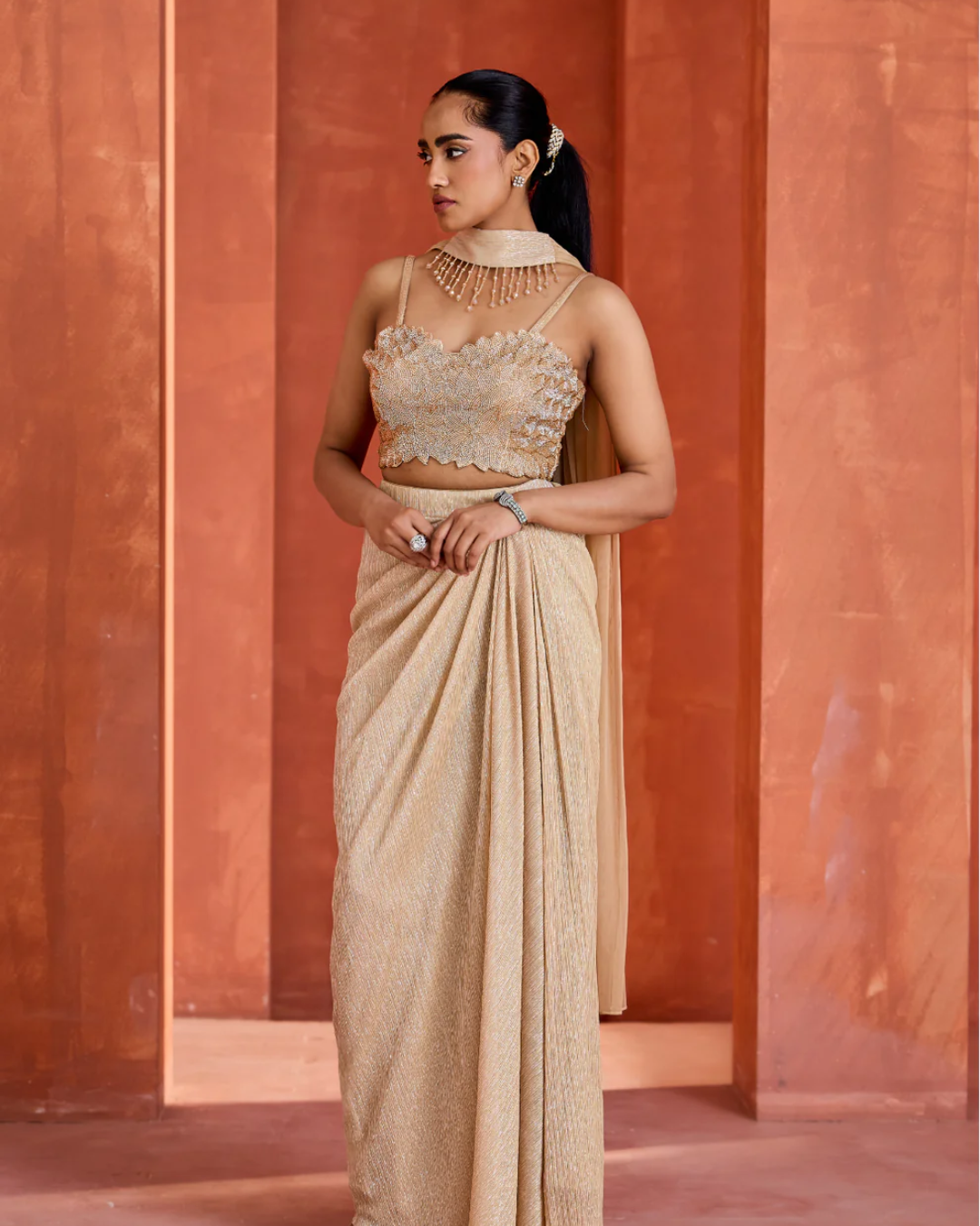 Deepika Chadha - Light gold blouse Drape Skirt And Choker Dupatta From Midnight