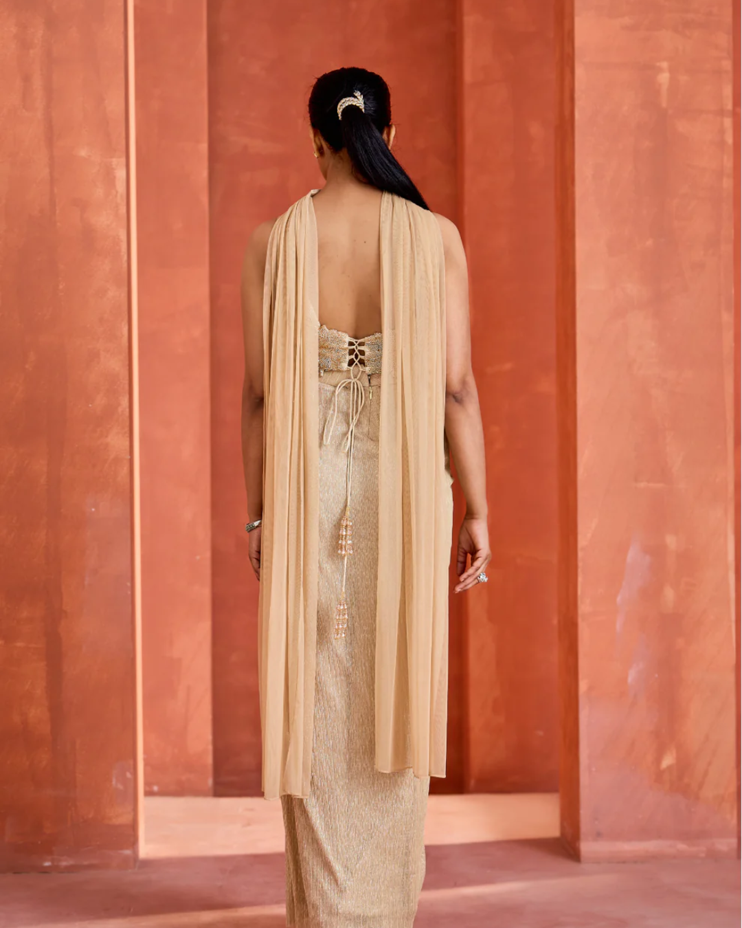 Deepika Chadha - Light gold blouse Drape Skirt And Choker Dupatta From Midnight